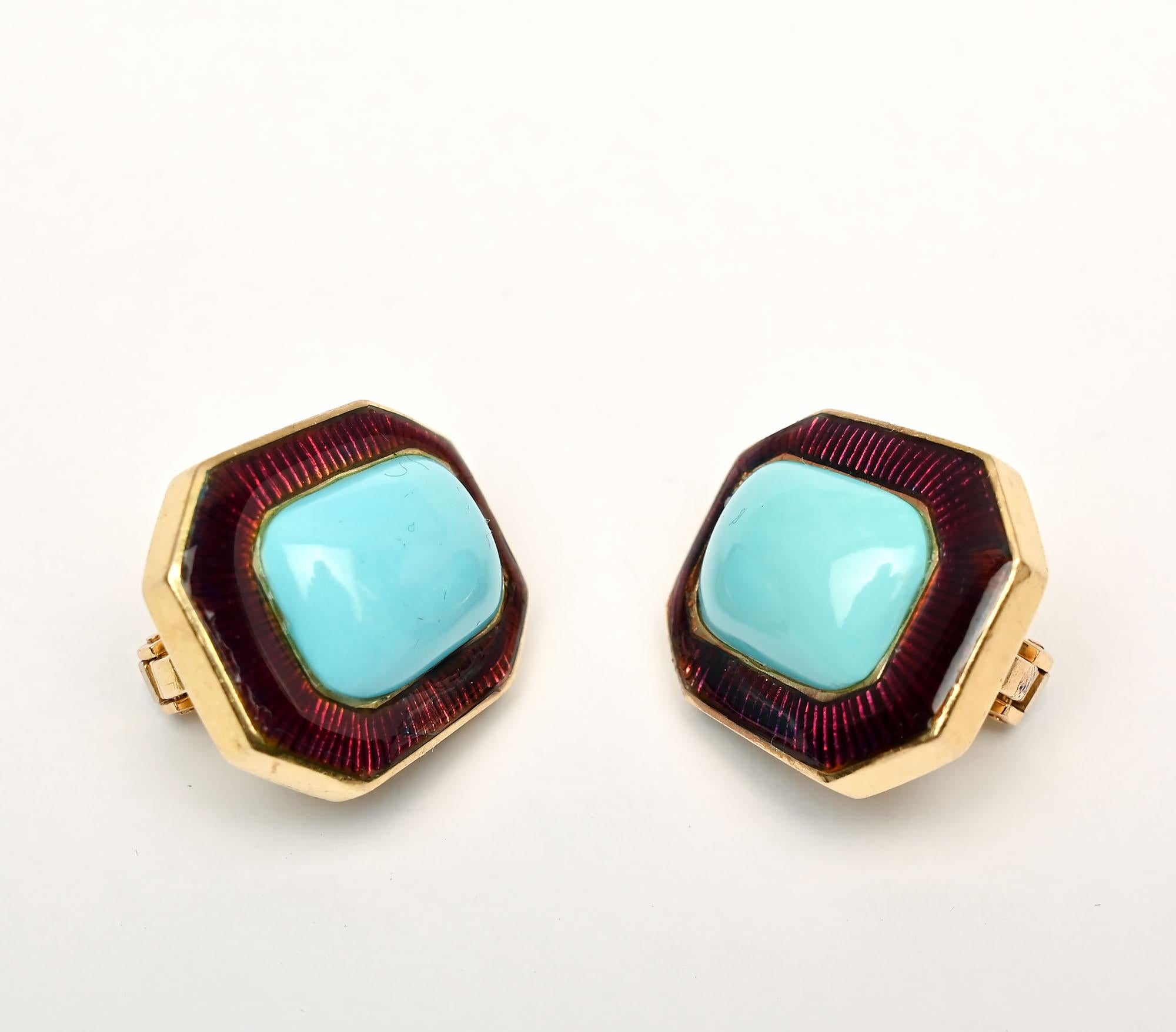 Contemporary DeVroomen Turquoise and Enamel Ear Clips For Sale