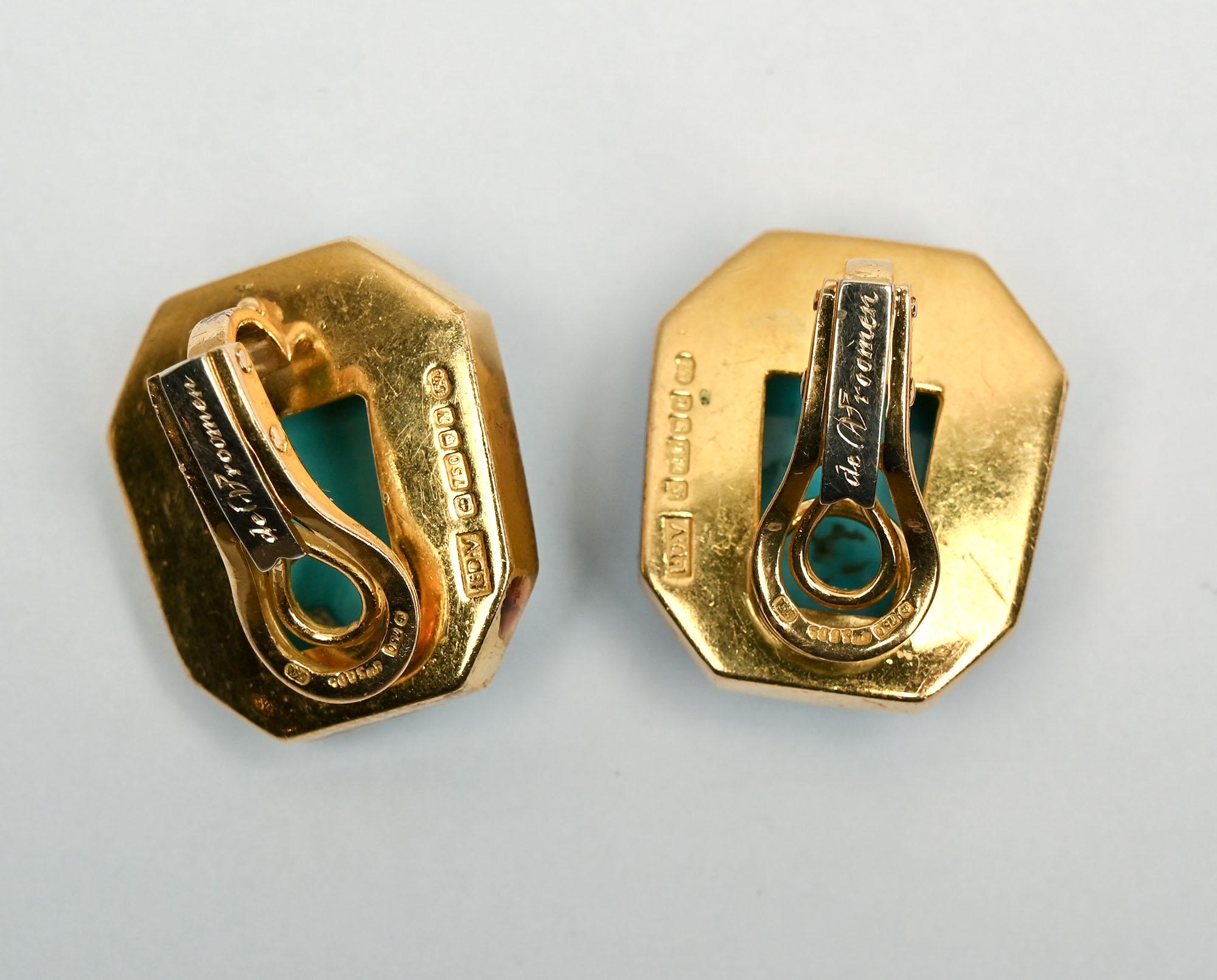 Cabochon DeVroomen Turquoise and Enamel Ear Clips For Sale