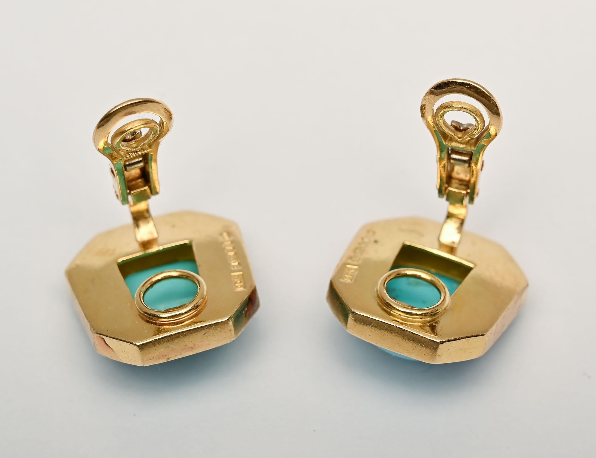 DeVroomen Turquoise and Enamel Ear Clips In Excellent Condition For Sale In Darnestown, MD