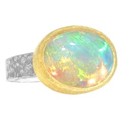 Devta Doolan Electric Rainbow White Opal One of a Kind Textured Gold Silver Ring
