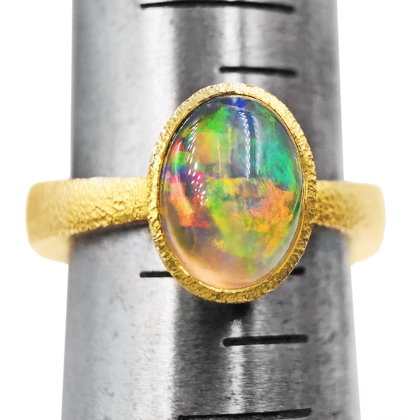 Artist Devta Doolan Exceptional Mexican Crystal Rainbow Opal One of a Kind Gold Ring