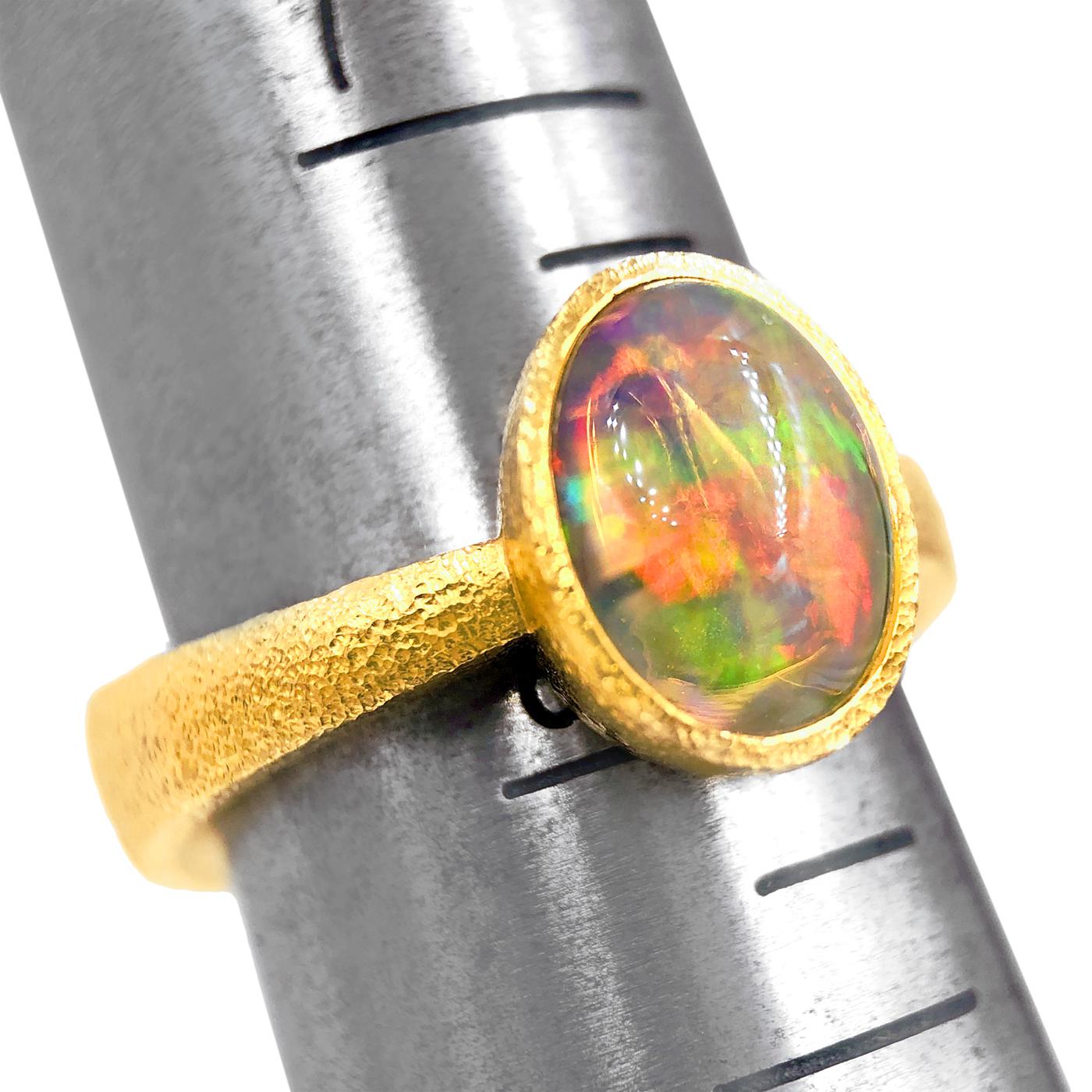 Oval Cut Devta Doolan Exceptional Mexican Crystal Rainbow Opal One of a Kind Gold Ring
