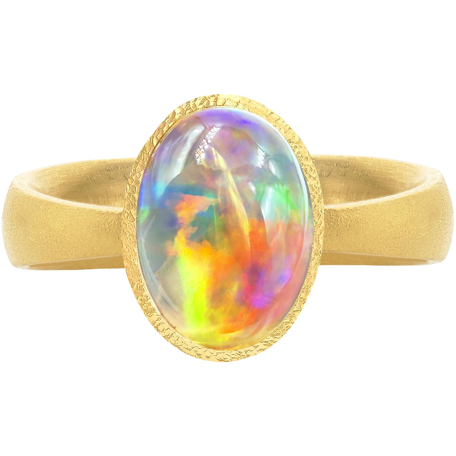 Devta Doolan Exceptional Mexican Crystal Rainbow Opal One of a Kind Gold Ring