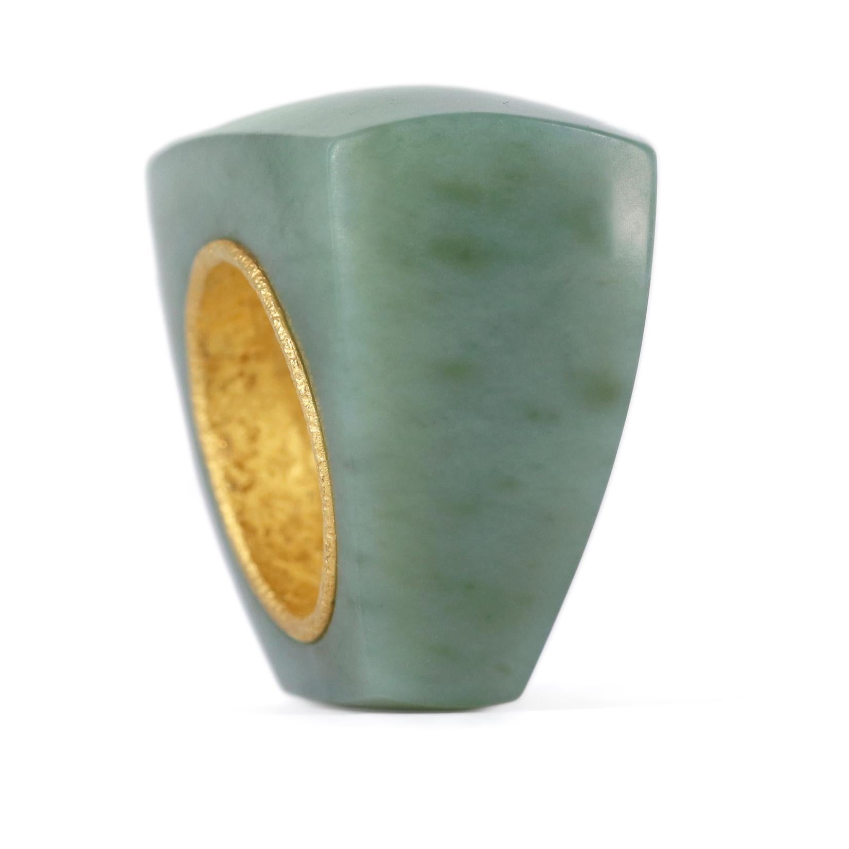 One of a Kind Ring hand-fabricated by acclaimed jewelry maker Devta Doolan featuring a magnificent piece of New Zealand jade hand-carved and polished into the shape of a ring by a master gem cutter in New Zealand. A signature-finished, finely