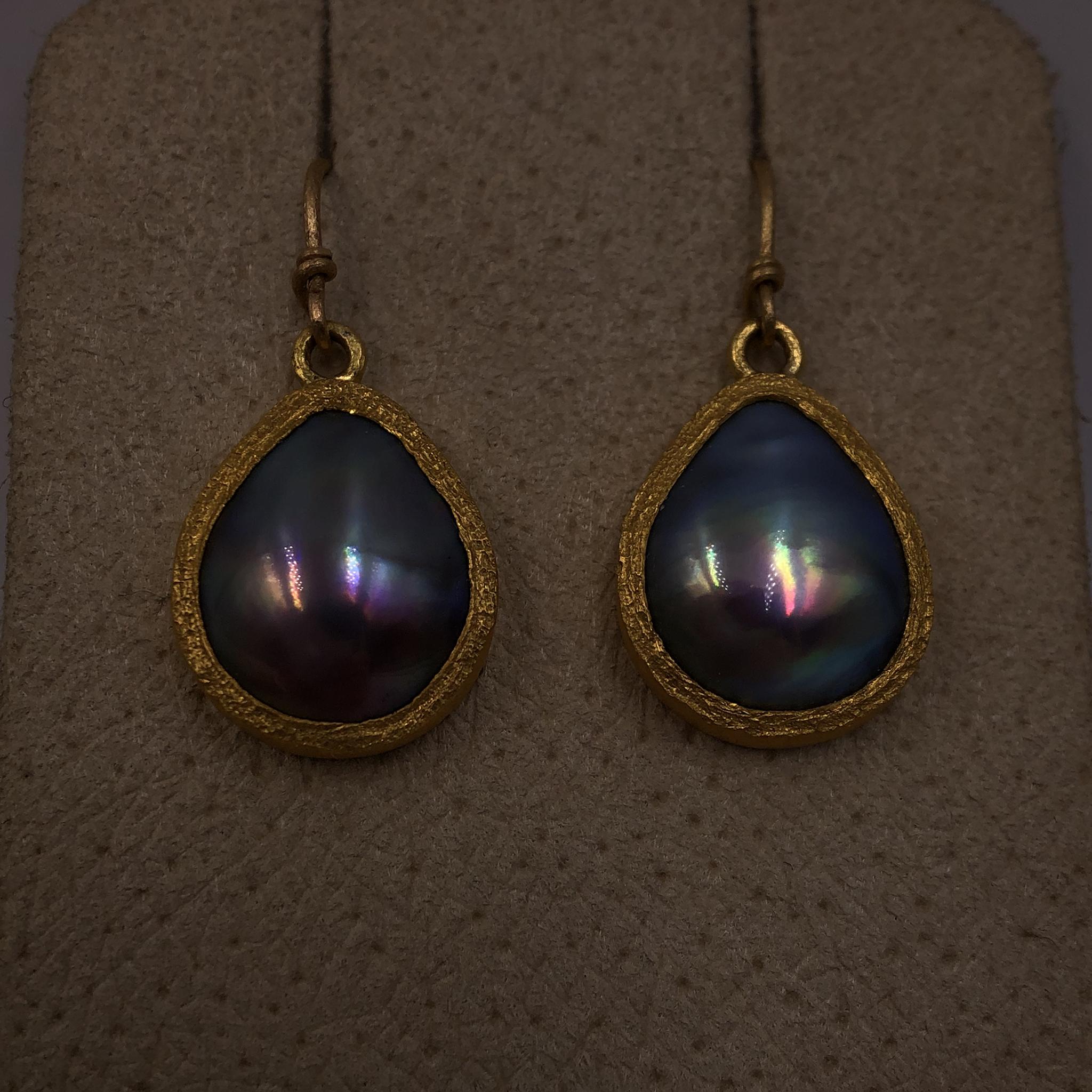 Artist Devta Doolan Iridescent Sea of Cortez Mabe Pearl Dangle Drop Earrings