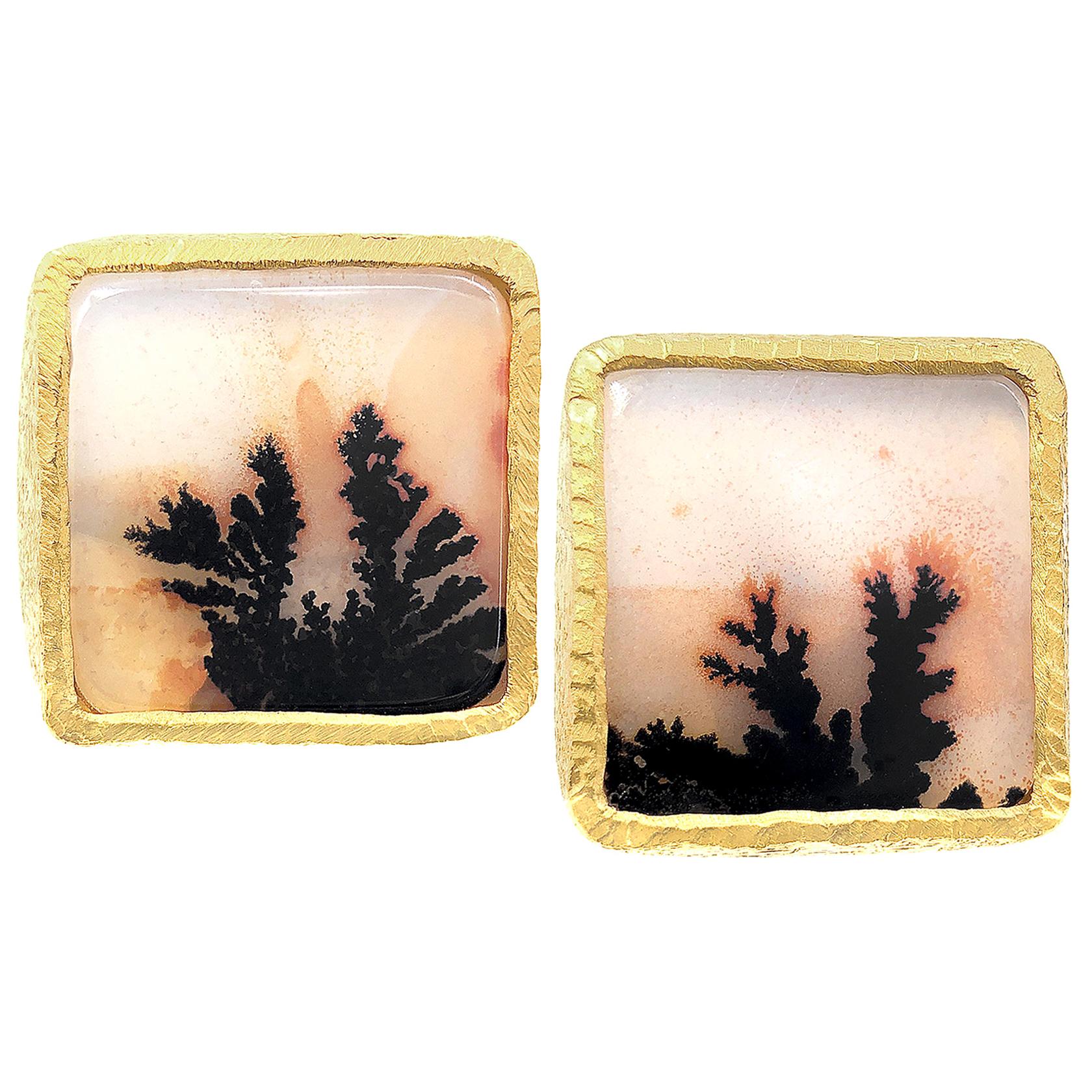 Devta Doolan Matched Dendritic Agate Square One of a Kind Stud Earrings