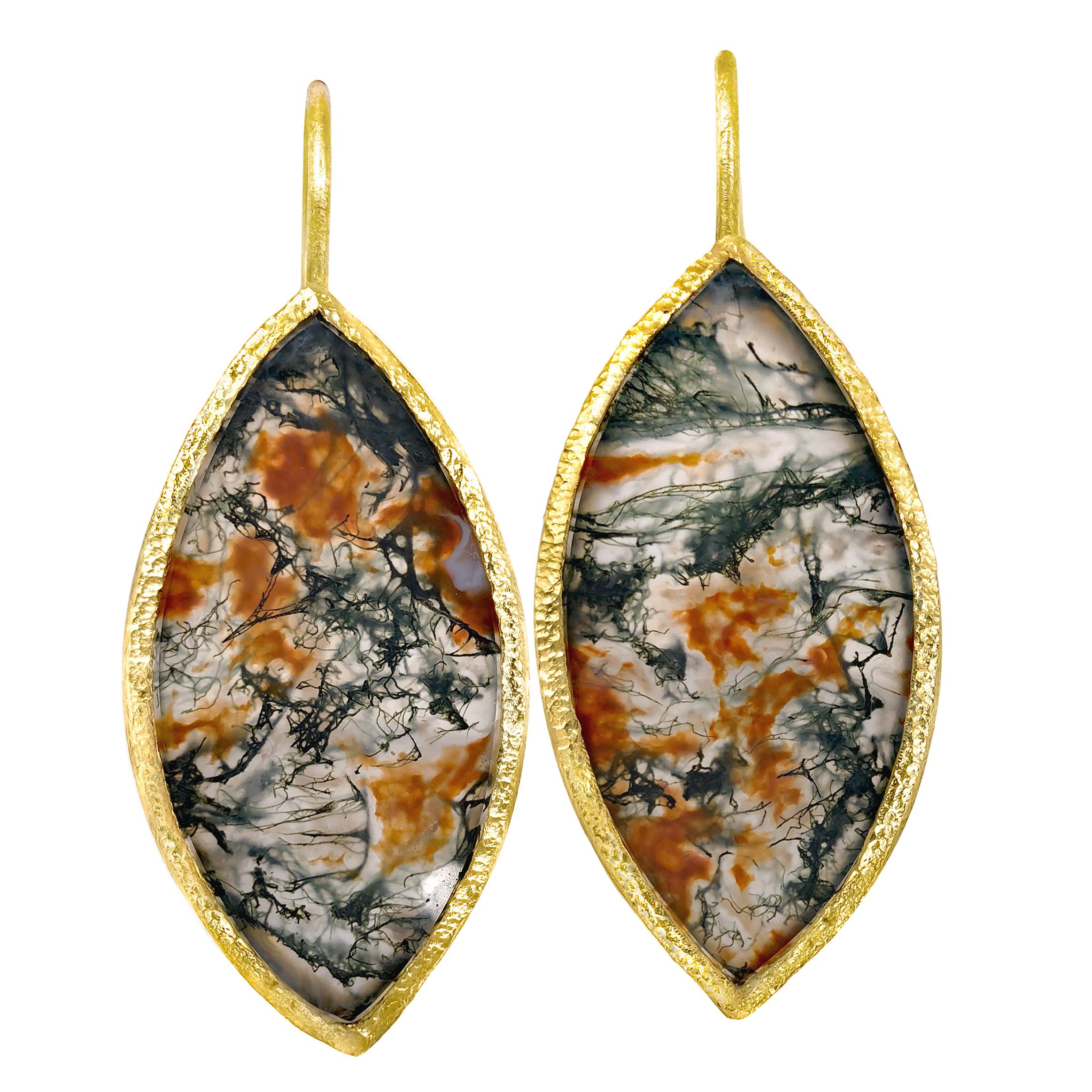 Devta Doolan Matched Natural Agate Marquise Gold Drop Earrings