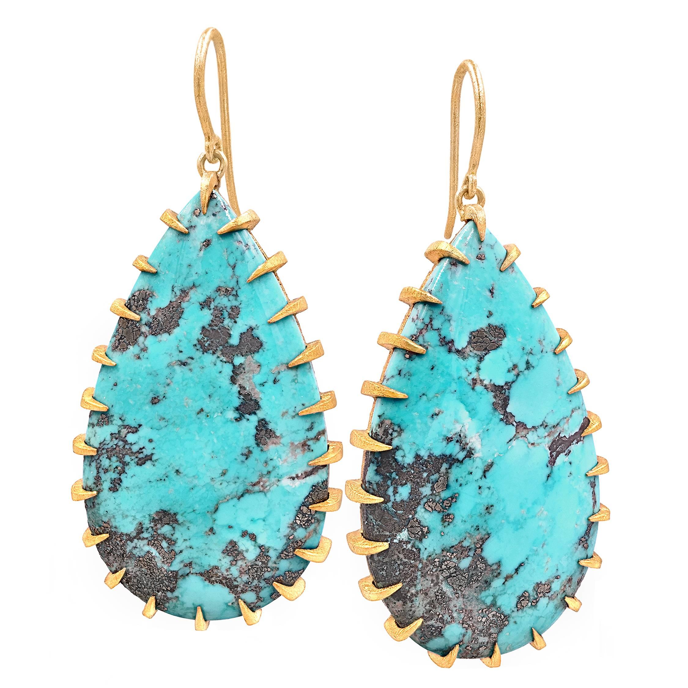 Devta Doolan Natural Morenci Turquoise Gold Talon One of a Kind Drop Earrings
