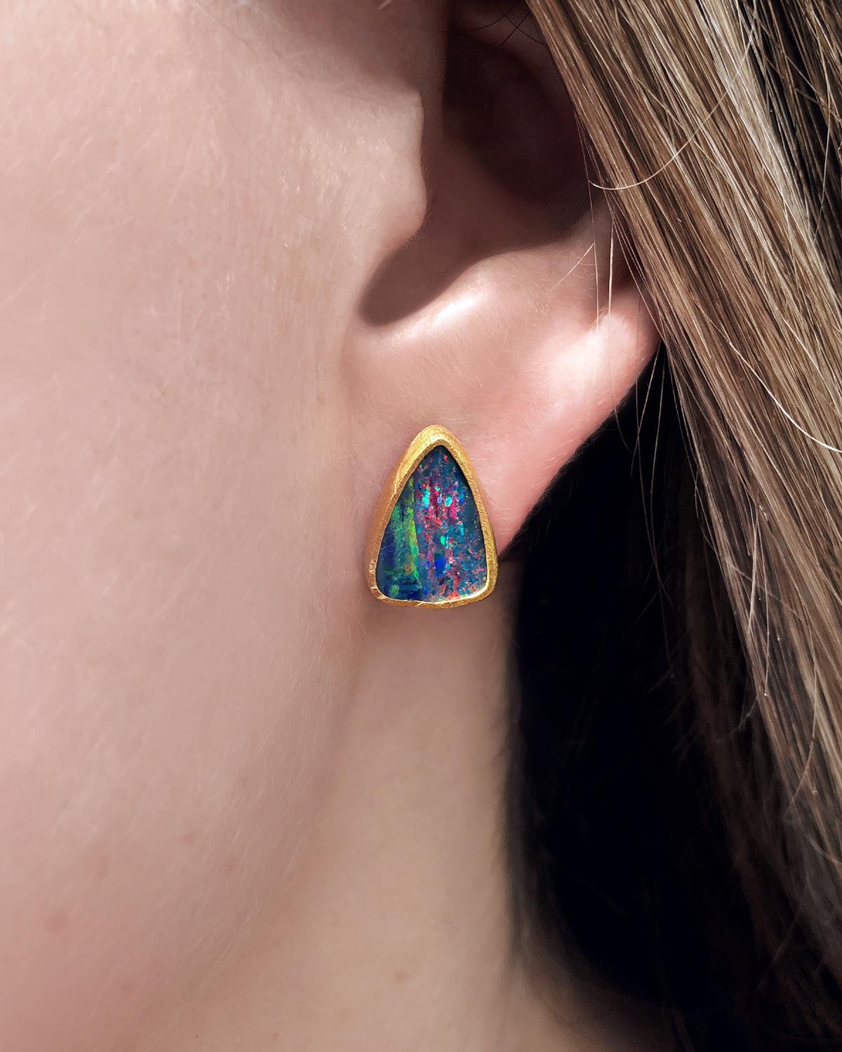 Tumbled Devta Doolan Violet Blue Opal Doublet Multicolored Fire Confetti Stud Earrings