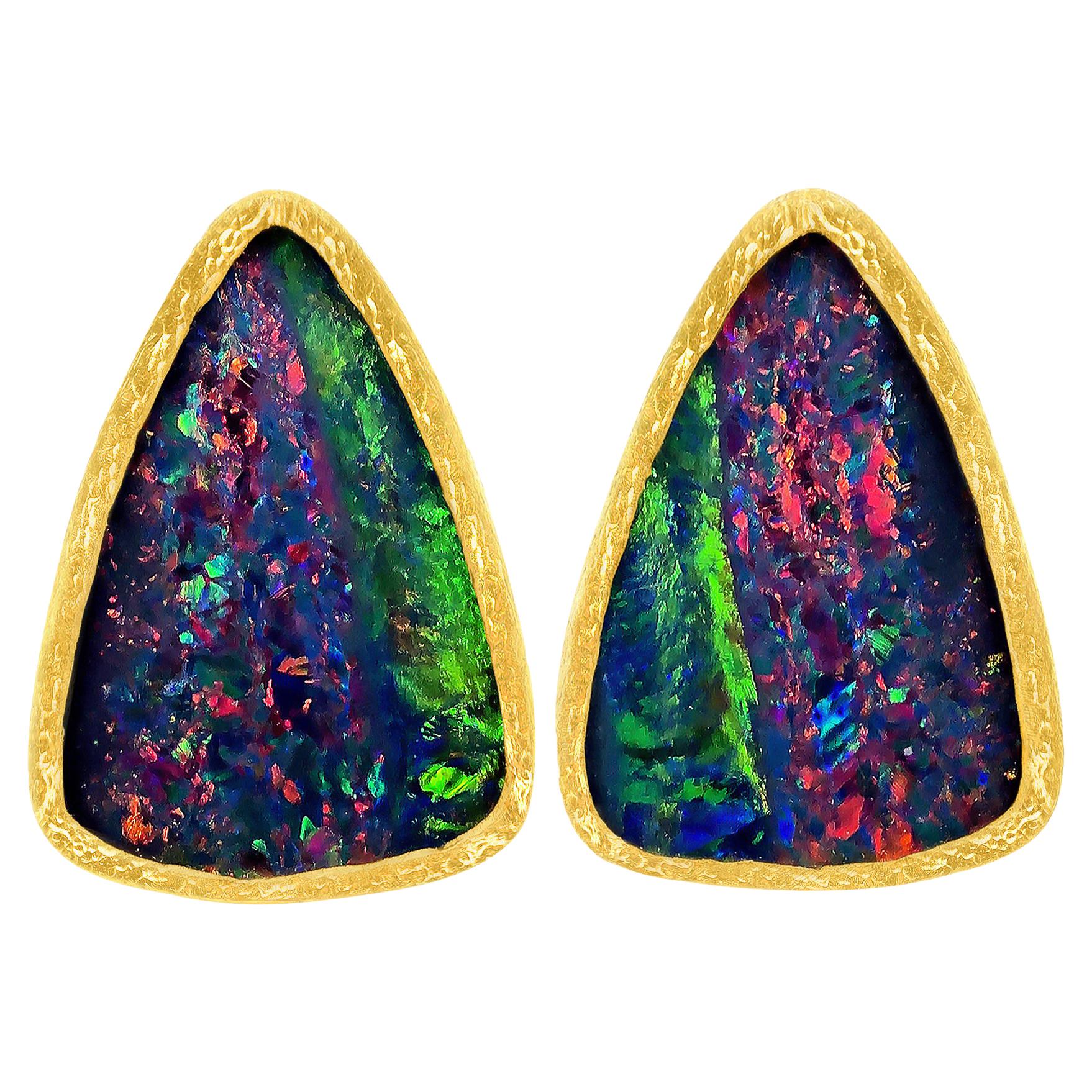 Devta Doolan Violet Blue Opal Doublet Multicolored Fire Confetti Stud Earrings