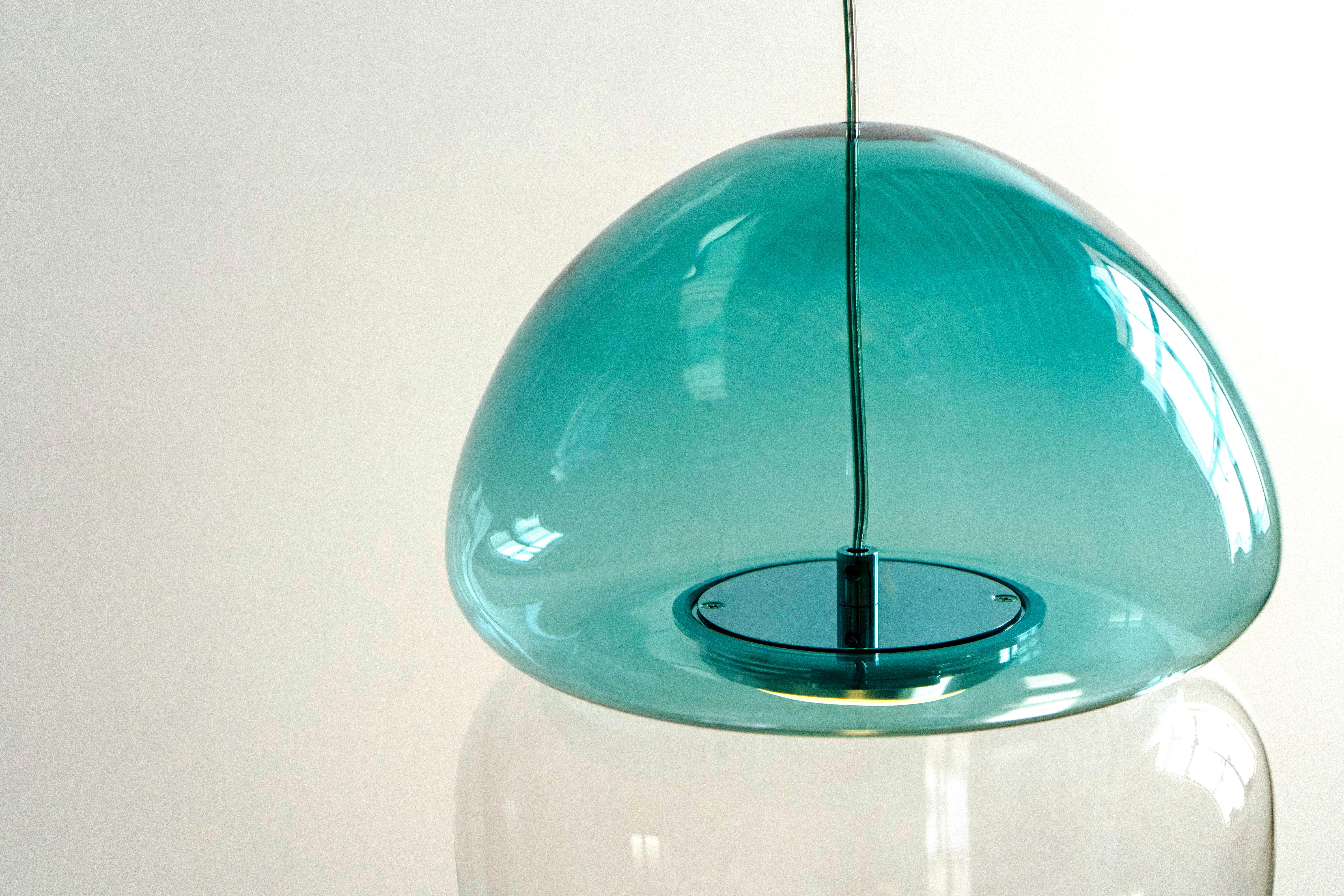 Contemporary Dew and Drop Hand Blown Glass Pendant Lamp in Mountain Blue For Sale