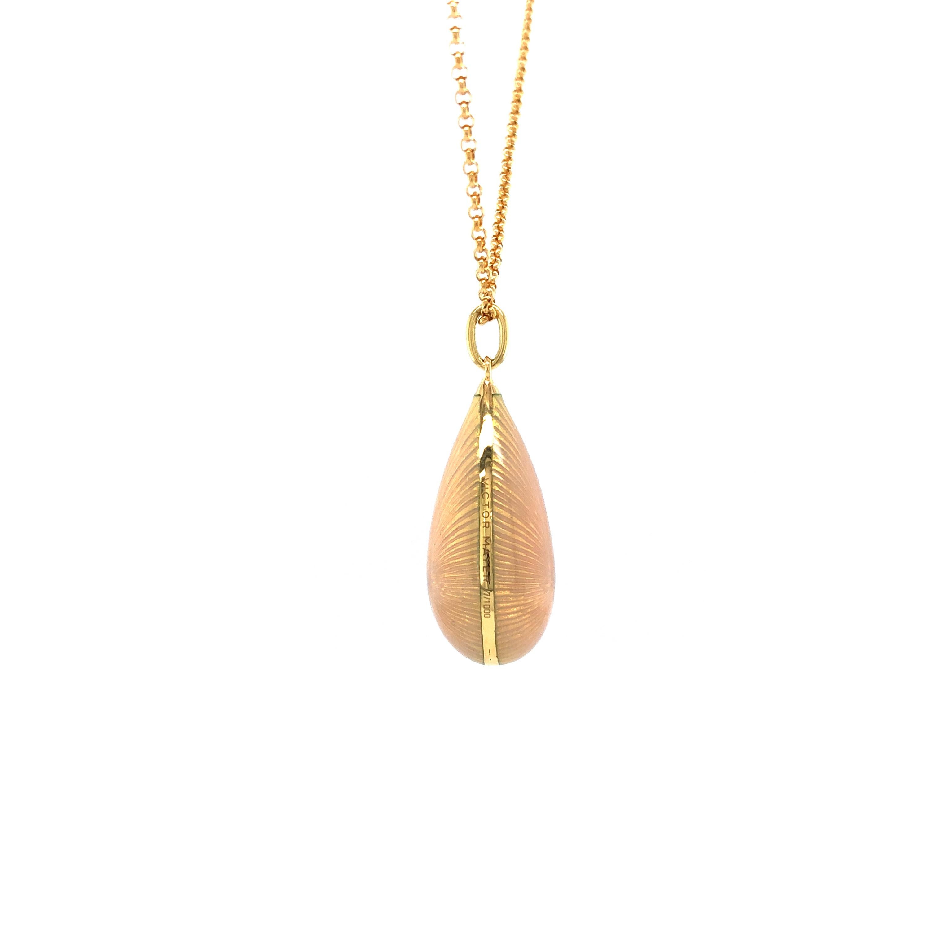 Victorian Dew Drop Pendant Necklace - 18k Yellow Gold - Opalescent White Enamel Guilloche For Sale