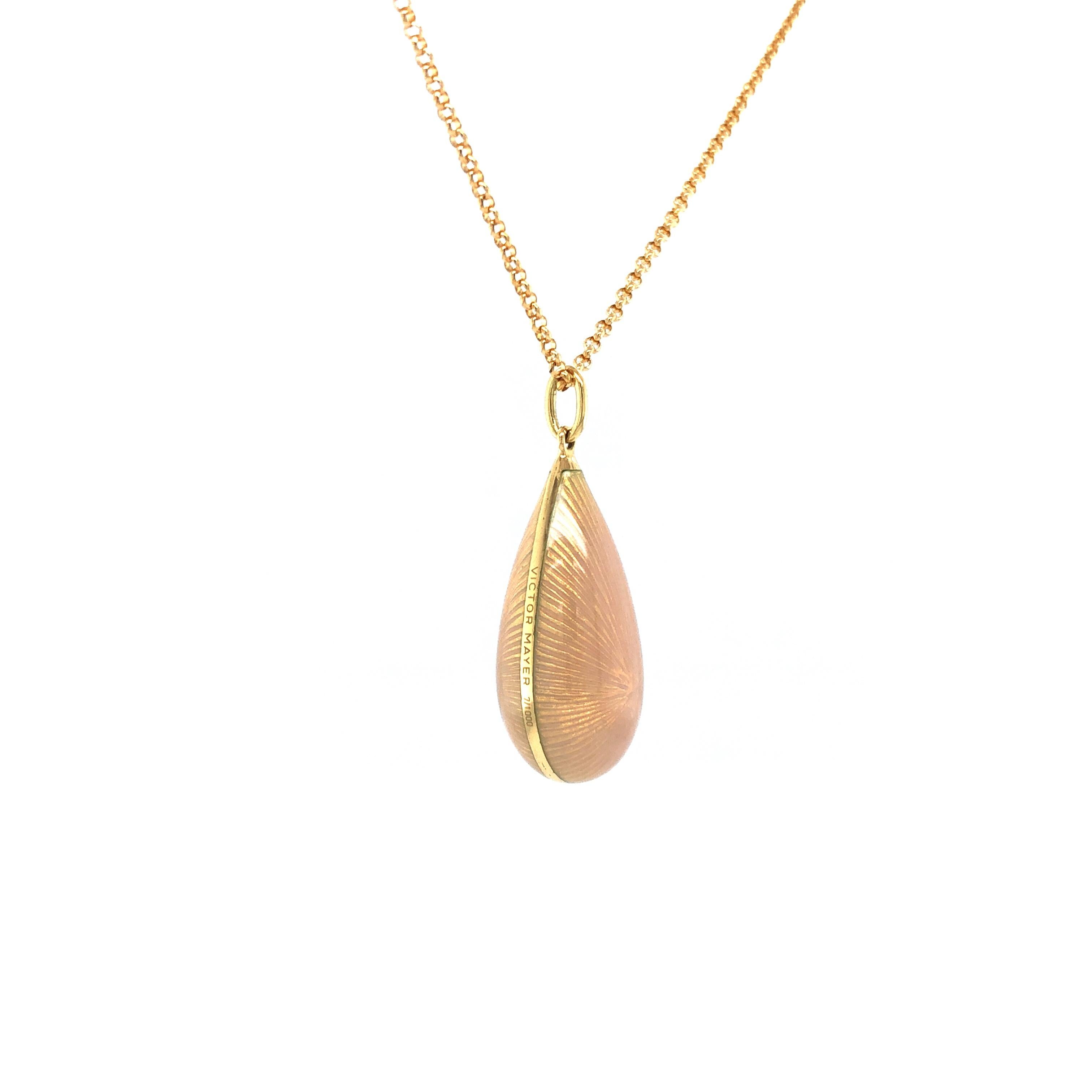 Dew Drop Pendant Necklace - 18k Yellow Gold - Opalescent White Enamel Guilloche For Sale 1