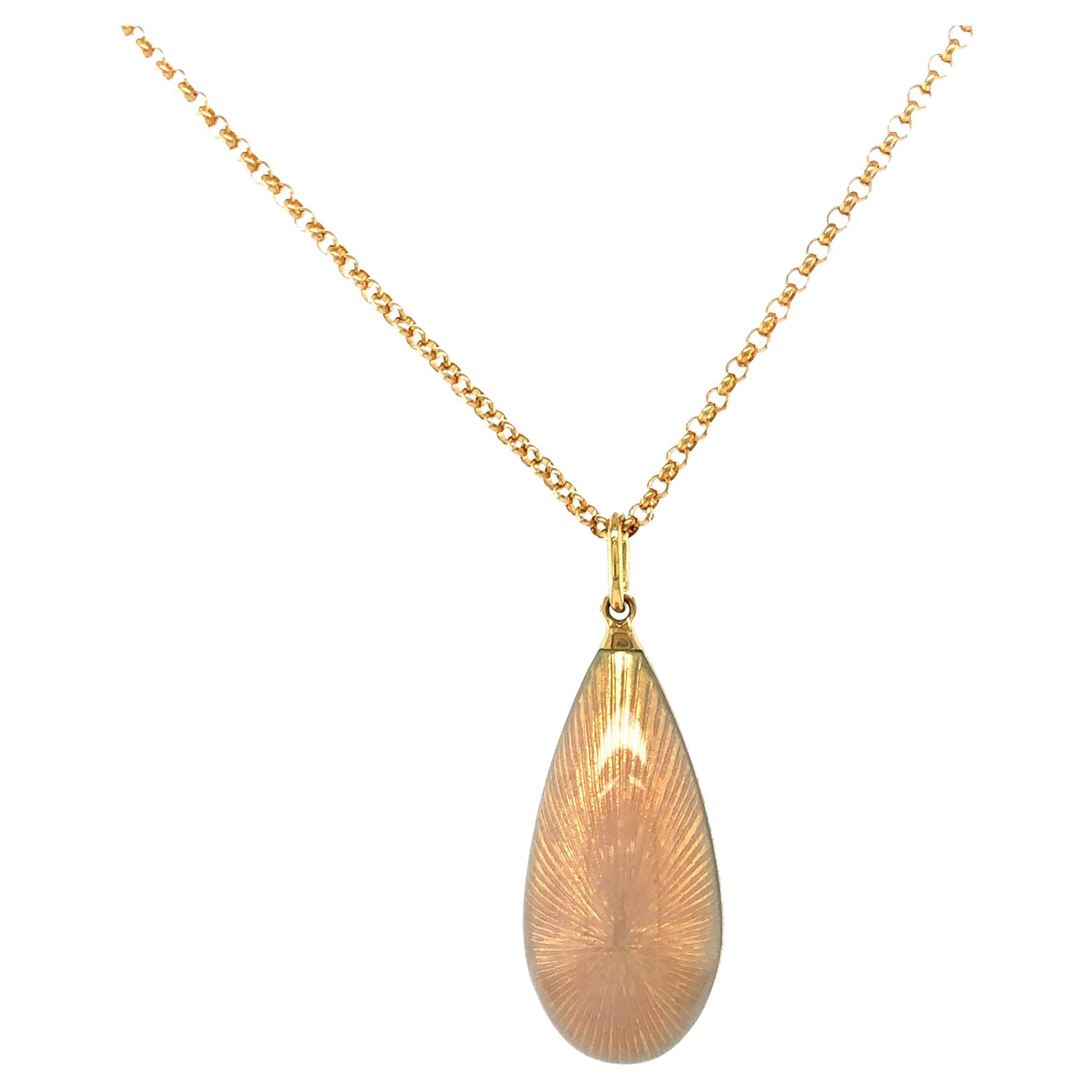 Dew Drop Pendant Necklace - 18k Yellow Gold - Opalescent White Enamel Guilloche For Sale