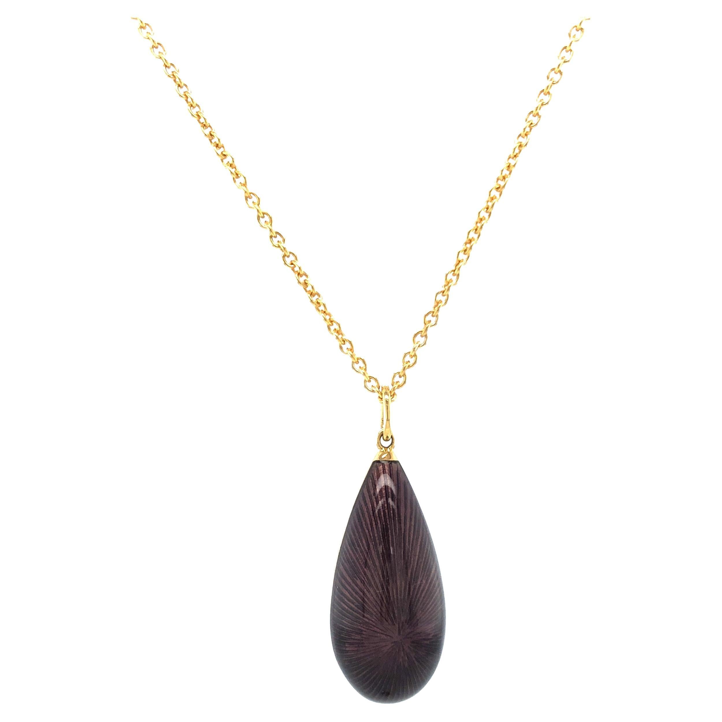Dew Drop Pendant Necklace - 18k Yellow Gold - Purple Vitreous Enamel Guilloche For Sale 1