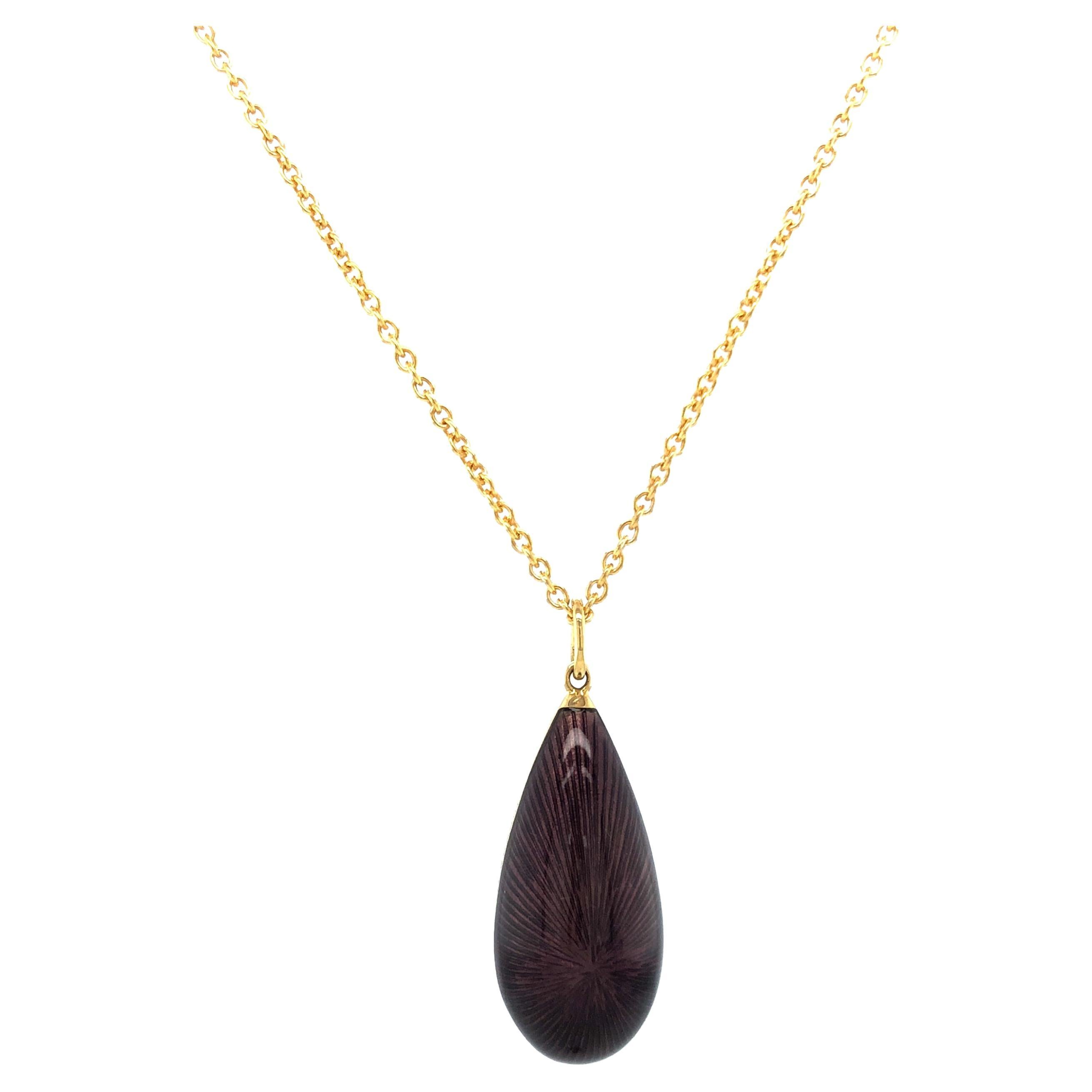 Dew Drop Pendant Necklace - 18k Yellow Gold - Purple Vitreous Enamel Guilloche For Sale