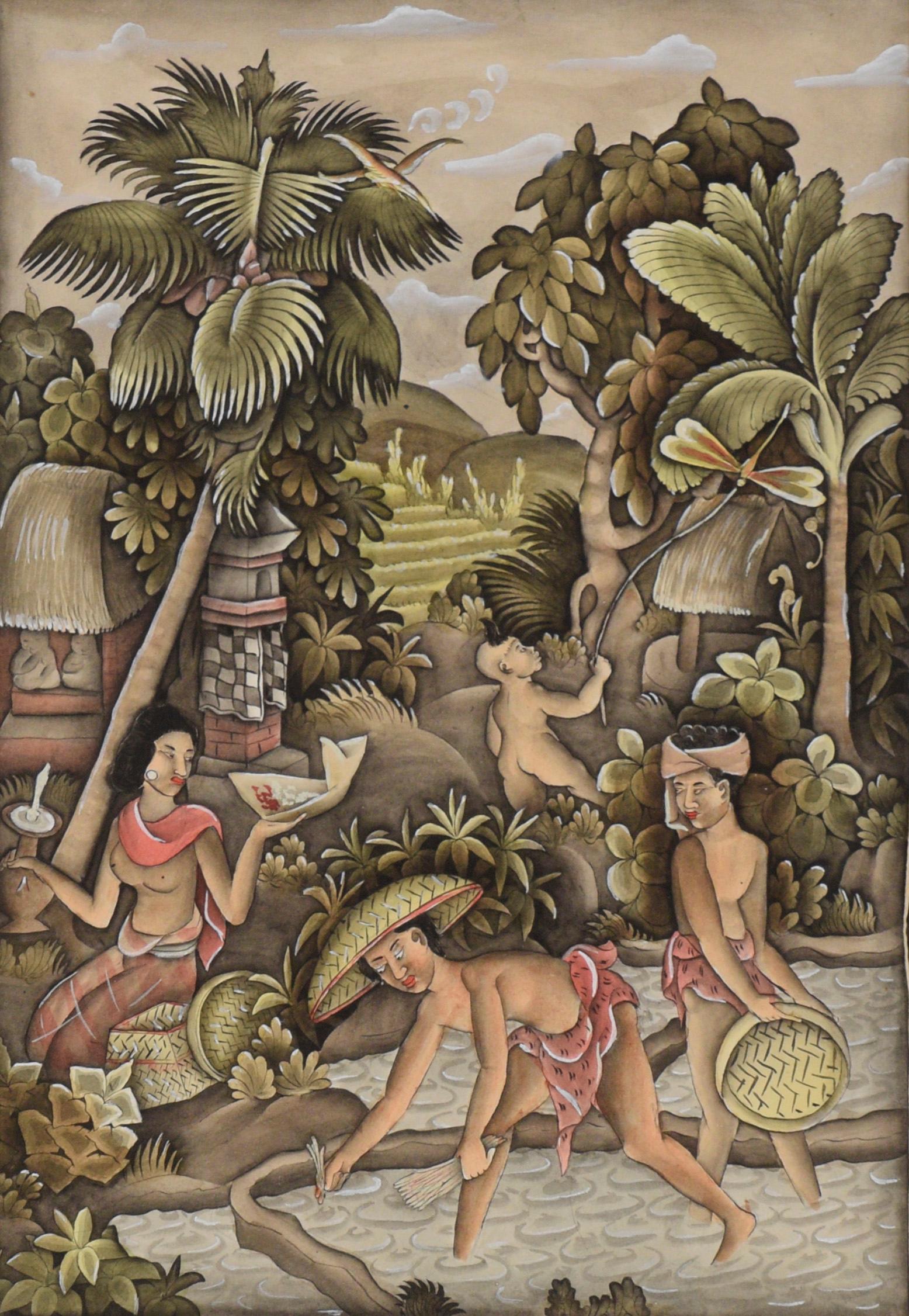 Pittura acquerellata balinese di indigeni balinesi che piantano il riso, una donna offre acqua a un contadino. Questa scena di acquacoltura rurale è circondata da palme di un verde intenso. Gli indigeni sono vestiti di stoffa rossa e tengono in mano