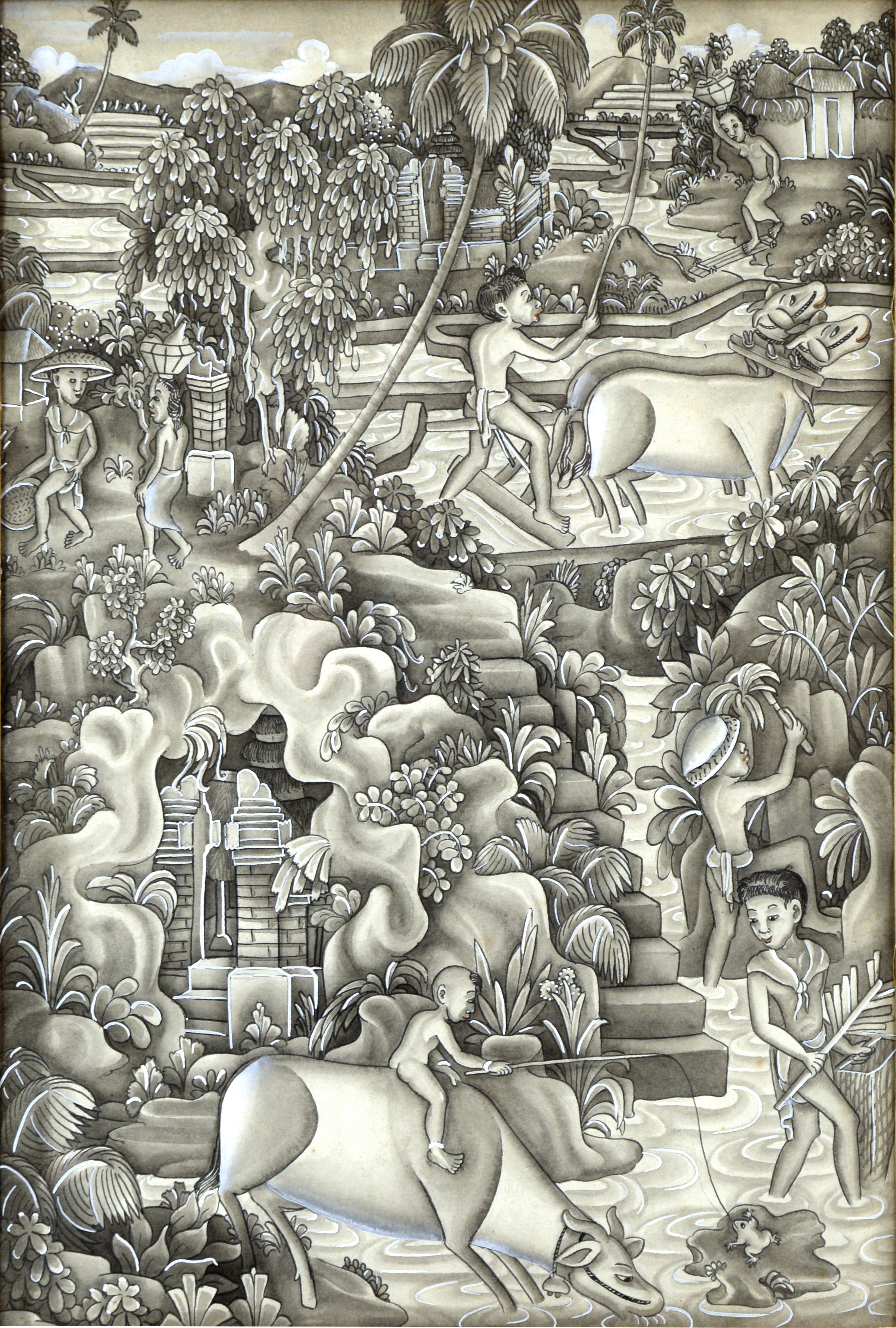 Mid-Century Balinese River Scene - Painting by Dewa Putu Lopid
