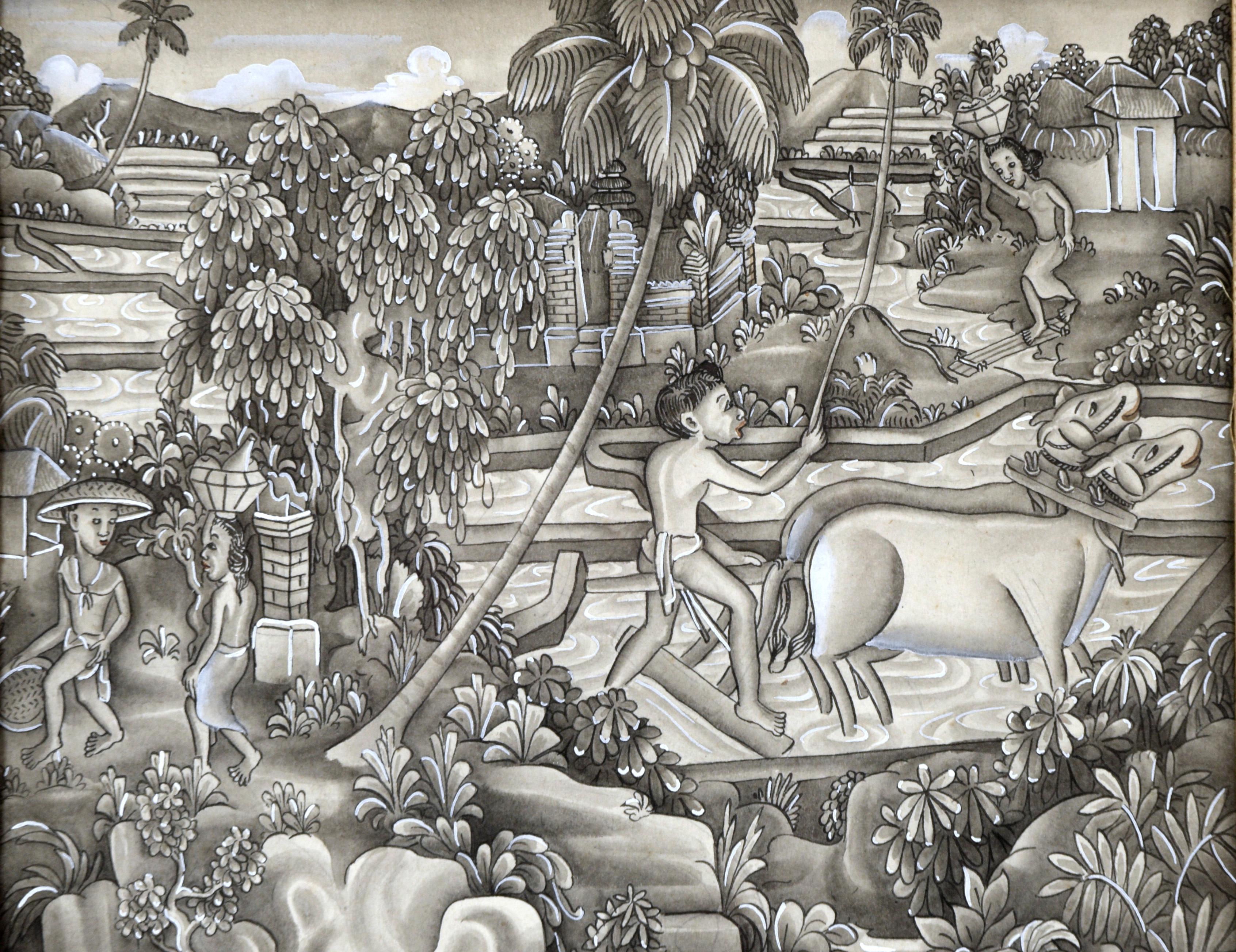 Mid-Century Balinese River Scene - Folk Art Painting by Dewa Putu Lopid