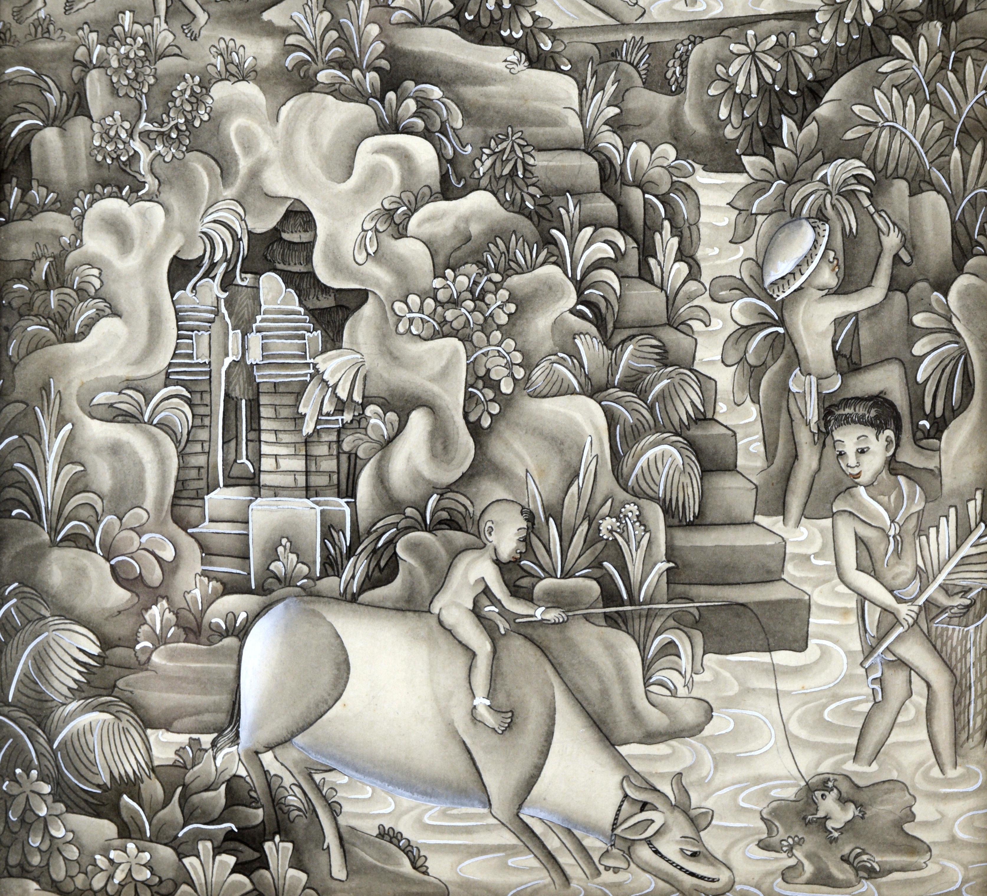 Mid-Century Balinese River Scene - Beige Figurative Painting by Dewa Putu Lopid