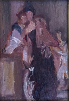 Three Figures Small Impressionist Oil on Board