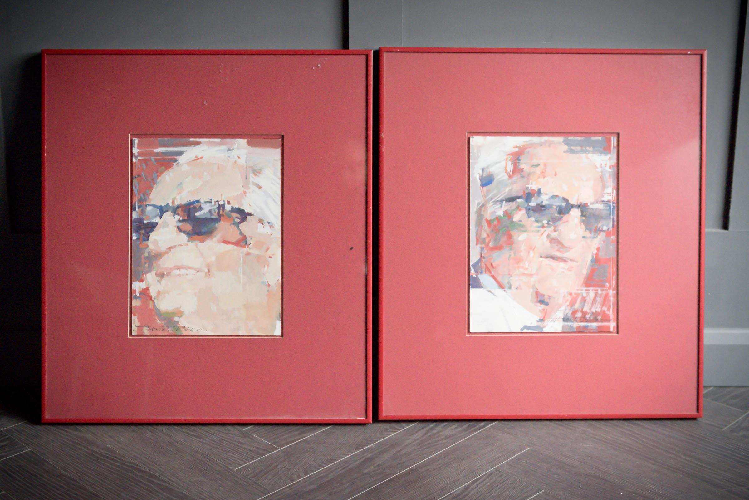 20ième siècle Portraits duo d'Enzo Ferrari à l'aquarelle, marron de graphisme en vente