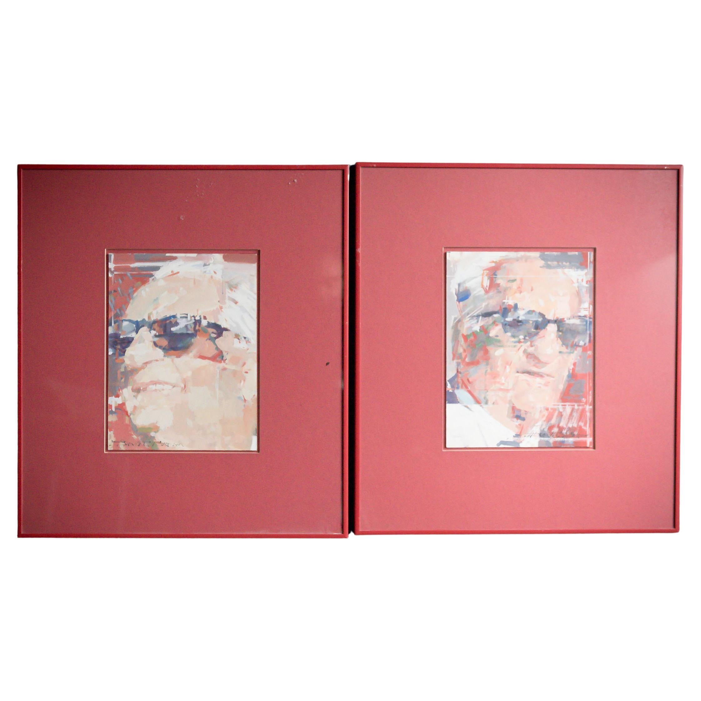 Dexter Brown Watercolour Duo Portraits of Enzo Ferrari For Sale