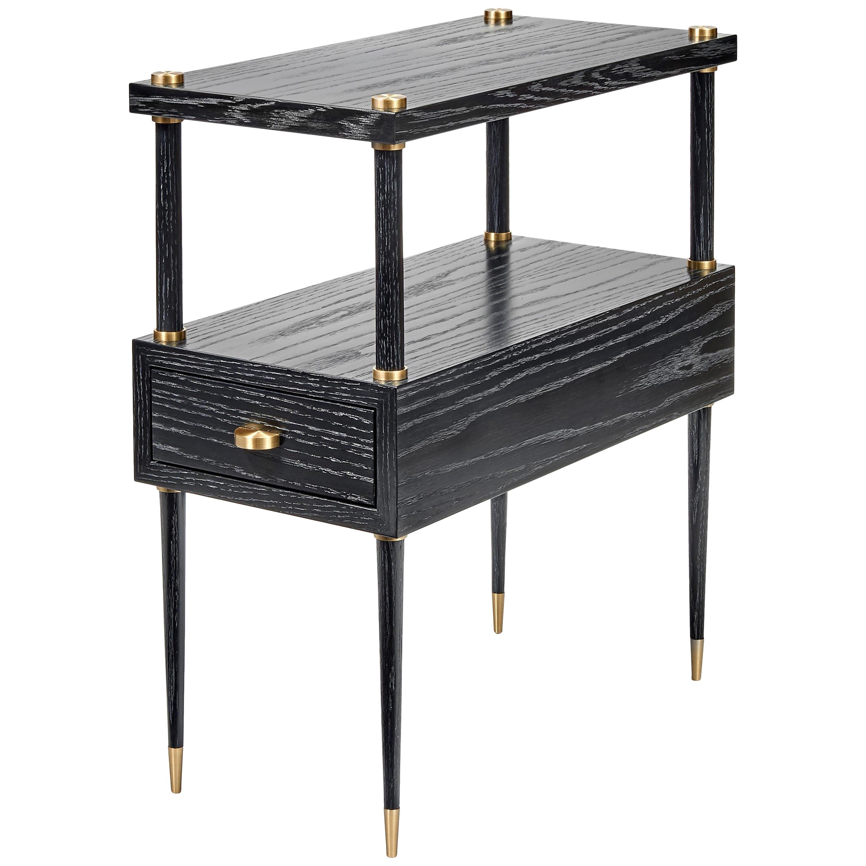 Dexter Contemporary Drawer Table in Black Cerused with Brass Details  For Sale