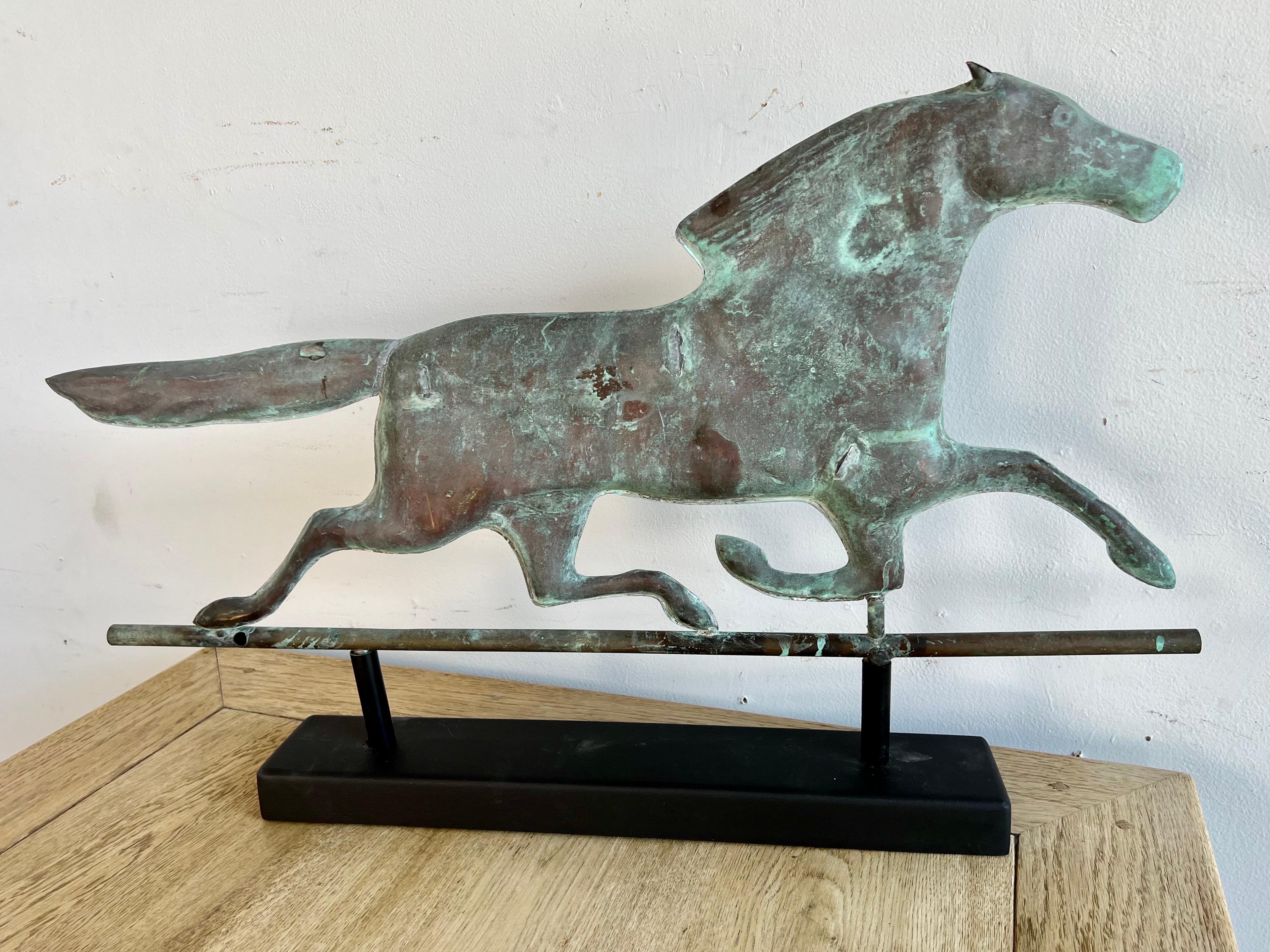 Dexter Horse Copper Weathervane on Wood Base In Distressed Condition In Los Angeles, CA