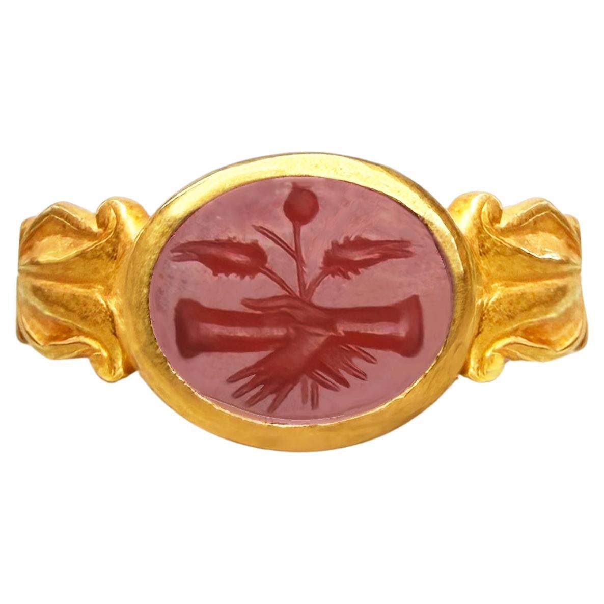 DEXTRARUM IUNCTIO Antico anello calcografico romano del I-II secolo. Anello ADS in oro 22 Kt in vendita