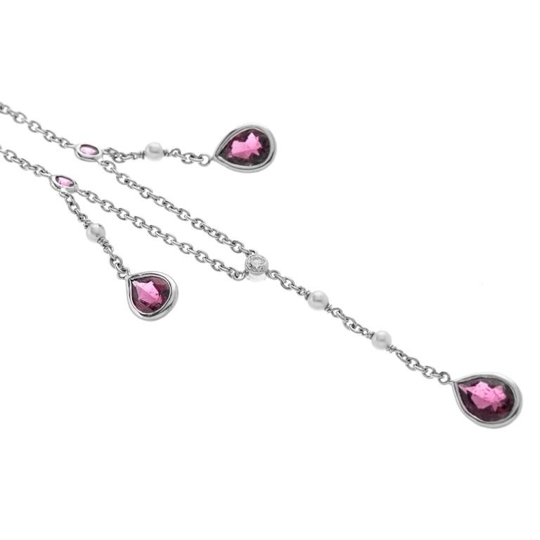Contemporary D&F 18 Karat White Gold Rubellite, Cultured Pearl and Diamond Drop Necklace For Sale