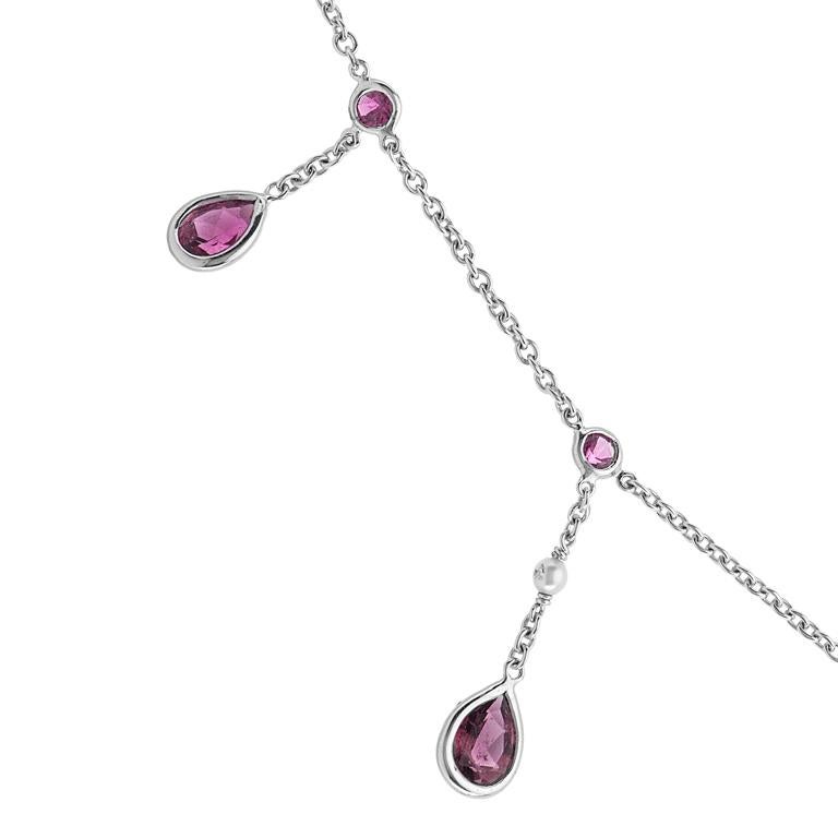 Pear Cut D&F 18 Karat White Gold Rubellite, Cultured Pearl and Diamond Drop Necklace For Sale