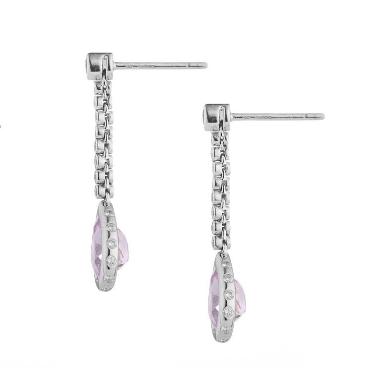 Contemporary D&F 18 Karat White Gold Pink Sapphire, Diamond and Pink Kunzite Drop Earrings For Sale