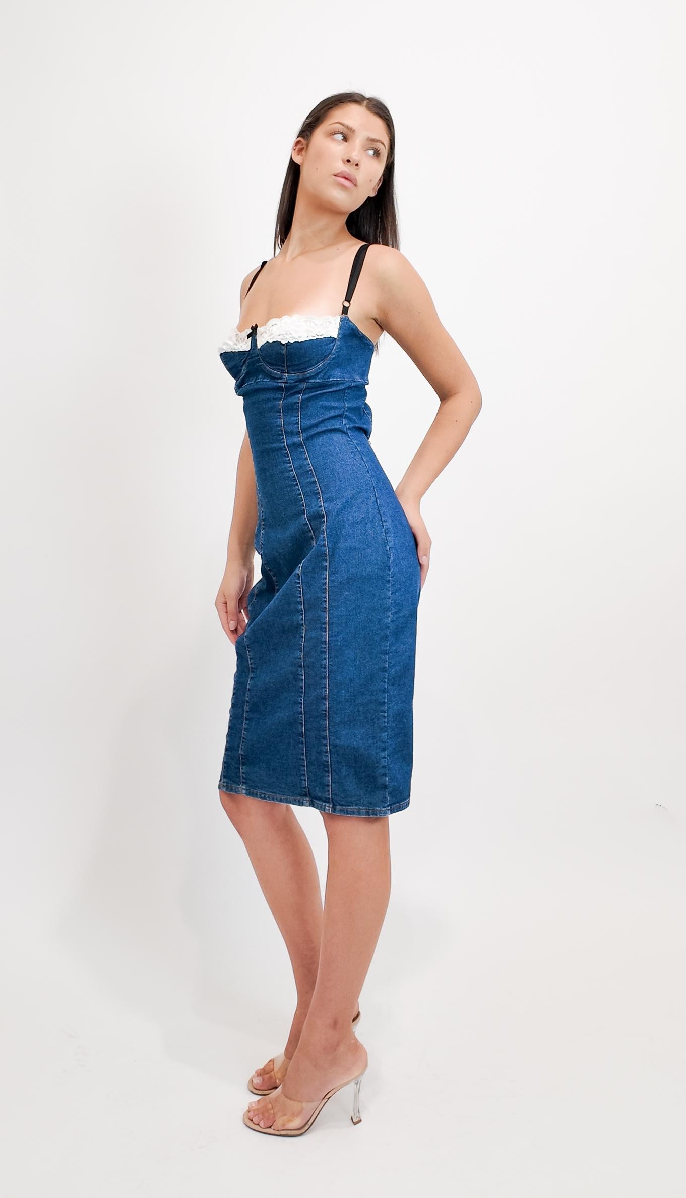 D&G 2000s Vestido corsé de encaje con corpiño en denim azul medio Azul en venta