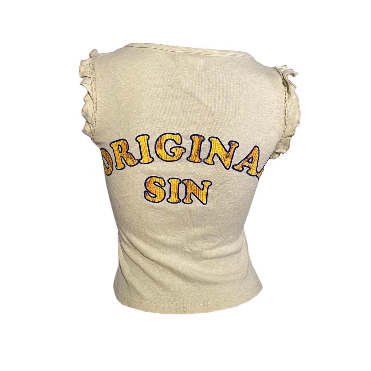 D&G by Dolce & Gabbana 2003 Cream Lace-Up Cami top with Ruched Sleeves and “Super Nature”/“Original Sin” Slogan reading both on back and front. 

Marked as Size M

Shoulder to shoulder: 31 cm / 12.2 inch
Bust: 76 cm / 29.9 inch
Total length: 49 cm /