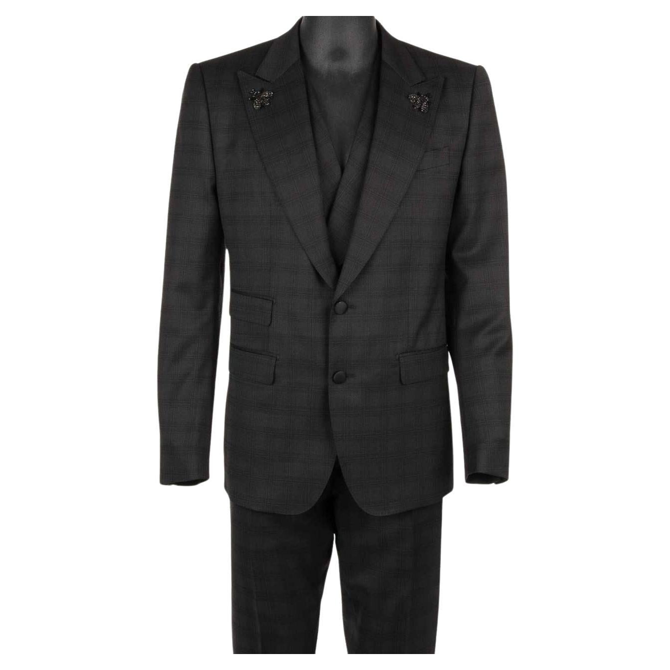 D&G 3 Piece Checked Suit Jacket Waistcoat Bee Brooch SICILIA Black 50 For Sale