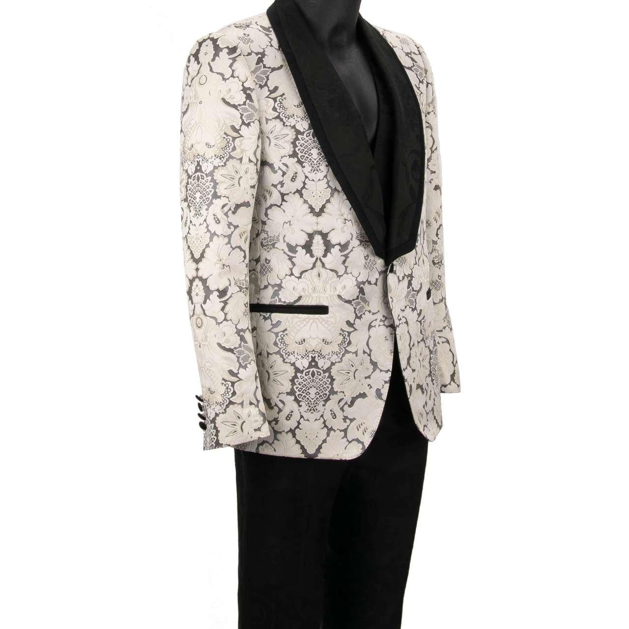 D&G Baroque 3 Piece Jacquard Suit Jacket Waistcoat MARTINI White Black 54 For Sale 4