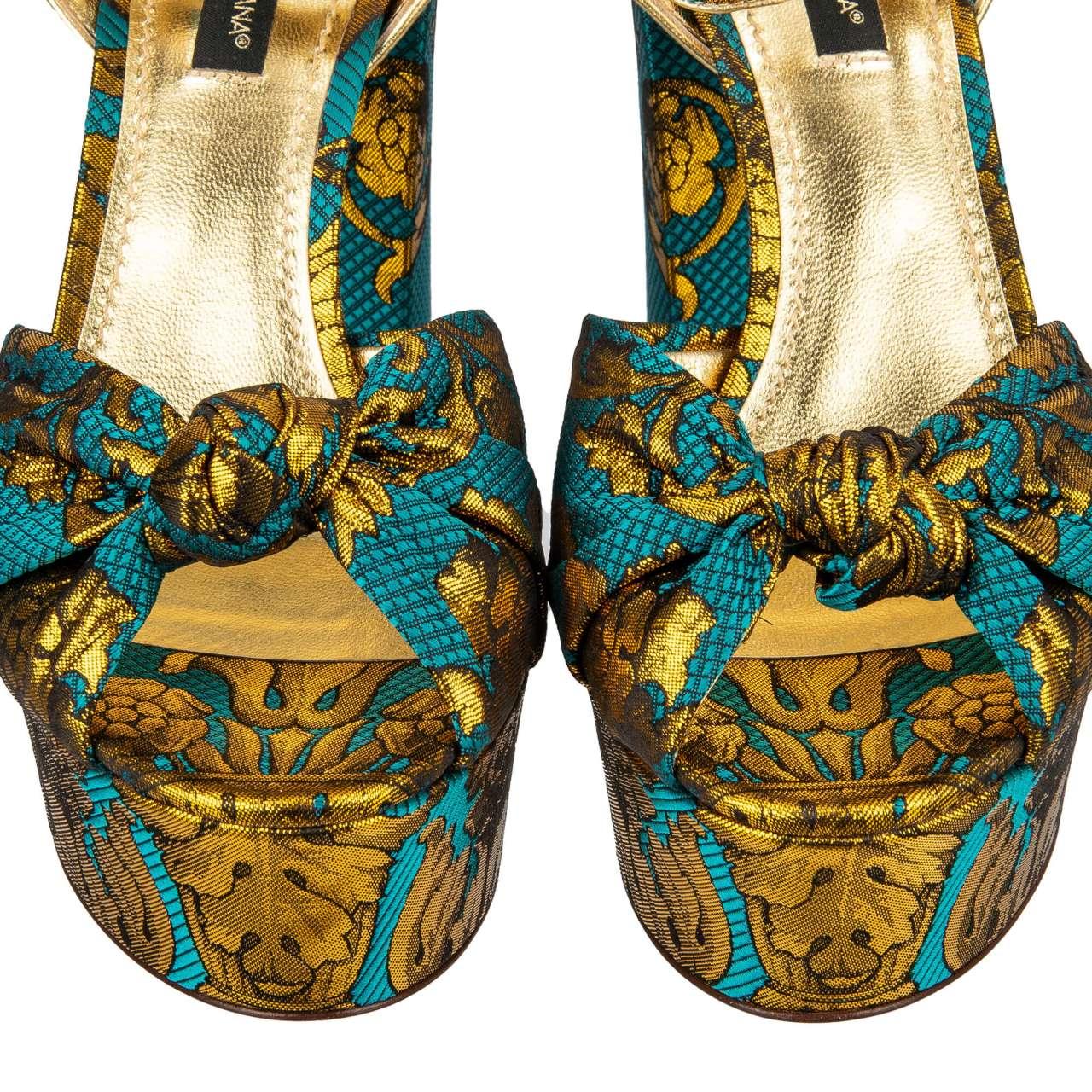 - Baroque Jacquard Plateau Leather Sandals KEIRA with crystal buckle in blue and gold by DOLCE & GABBANA - MADE IN ITALY - RUNWAY - Dolce & Gabbana Fashion Show - New with Box - Model: CR0801-AK837-8F587 - Material: 71% Polyester, 29% Lambskin -