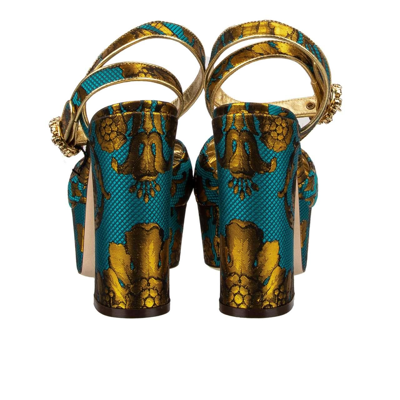 Women's D&G - Baroque Crystal Leather Plateau Pumps Sandals KEIRA Gold Blue 40