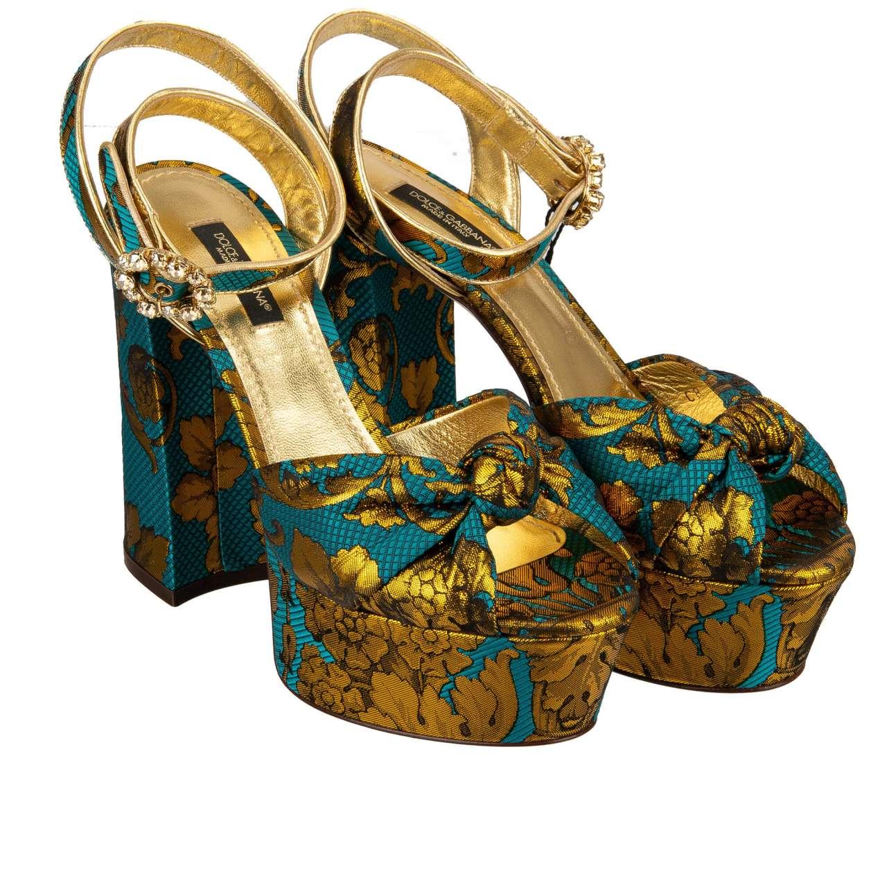 D&G - Baroque Crystal Leather Plateau Pumps Sandals KEIRA Gold Blue 40 1