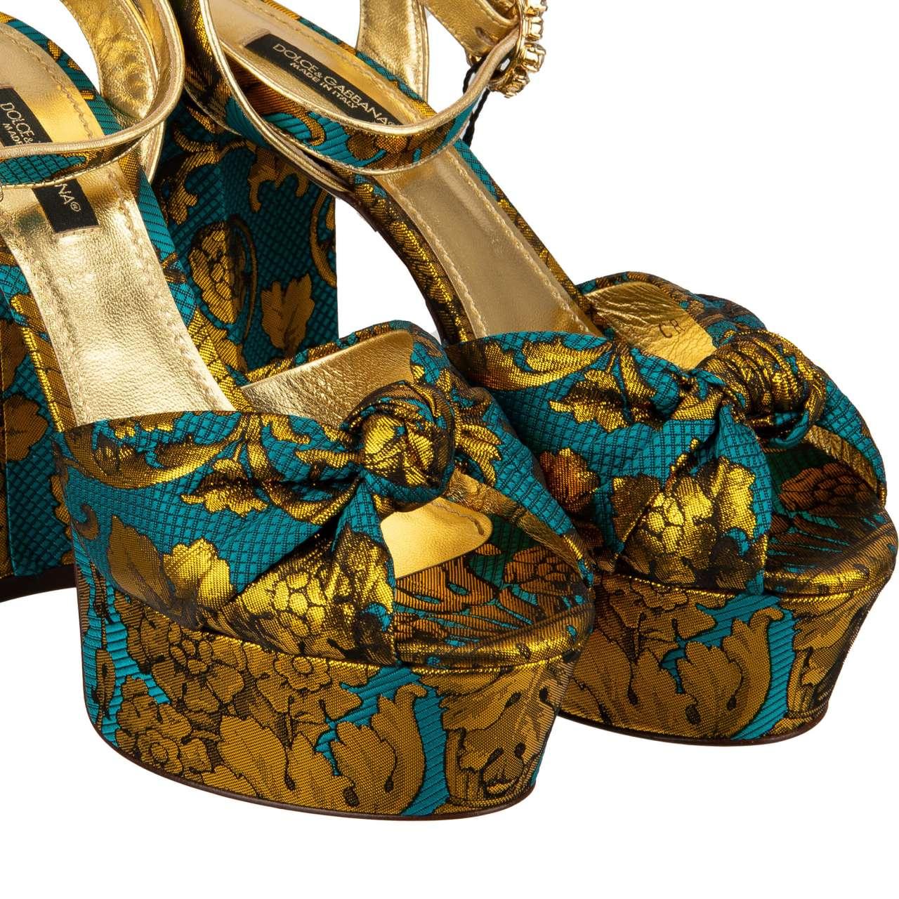 D&G - Baroque Crystal Leather Plateau Pumps Sandals KEIRA Gold Blue 40 3