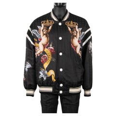 D&G Baroque Printed Wide Cut Bomber Jacket with Angels & Flowers Print Black 48