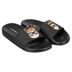 D&G Beachwear Slide Sandals with Embroidery and Crystals Black EUR 35