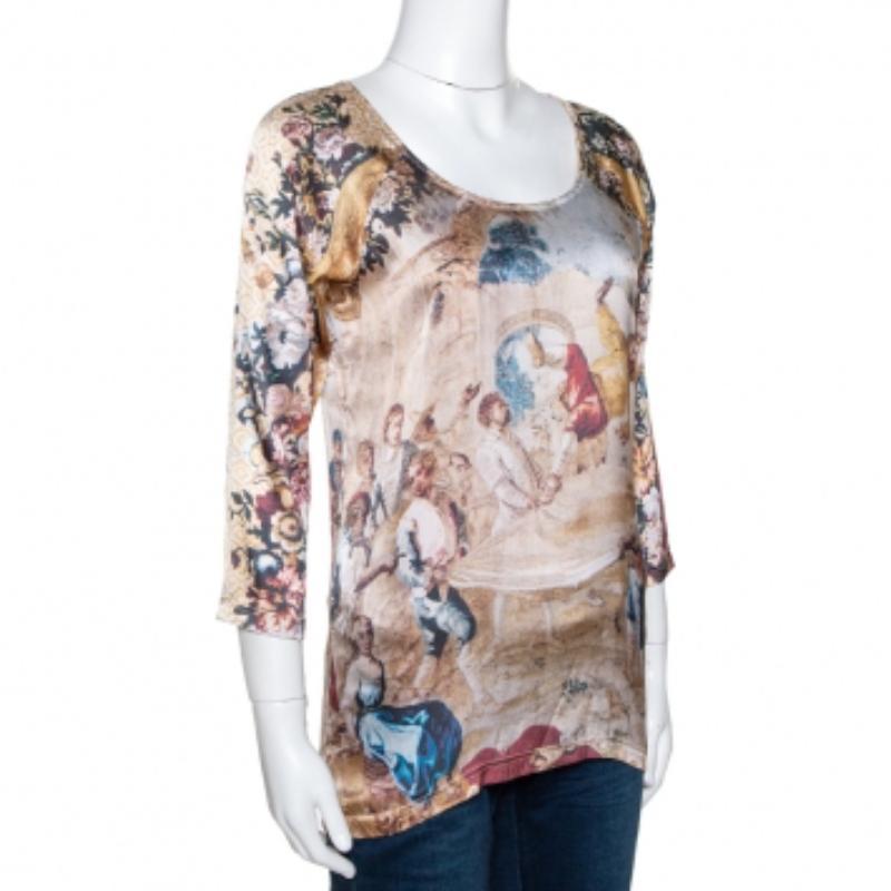 Donna D.G. Beige Top a manica lunga in seta stretch con stampa astratta M in vendita