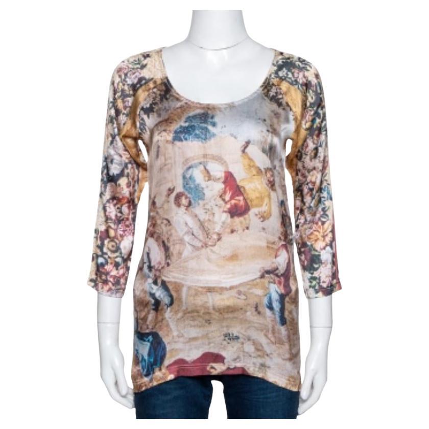 D.G. Beige Top a manica lunga in seta stretch con stampa astratta M in vendita