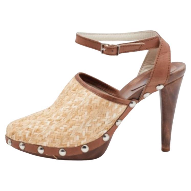 D&G Beige/Brown Raffia and Leather Ankle Strap Clog Sandals Size 38 For Sale