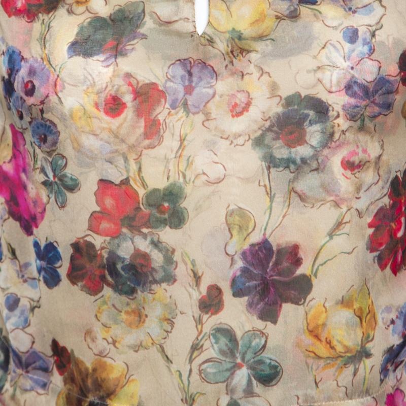 D&G Beige Floral Printed Silk Chiffon Ruffle Trim Sleeveless Top S 2