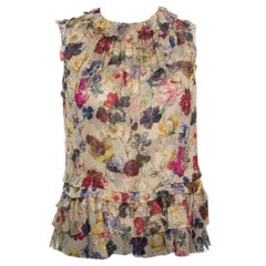 D&G Beige Floral Printed Silk Chiffon Ruffle Trim Sleeveless Top S D&G Beige Floral Printed Silk Chiffon Ruffle Trim Sleeveless Top S