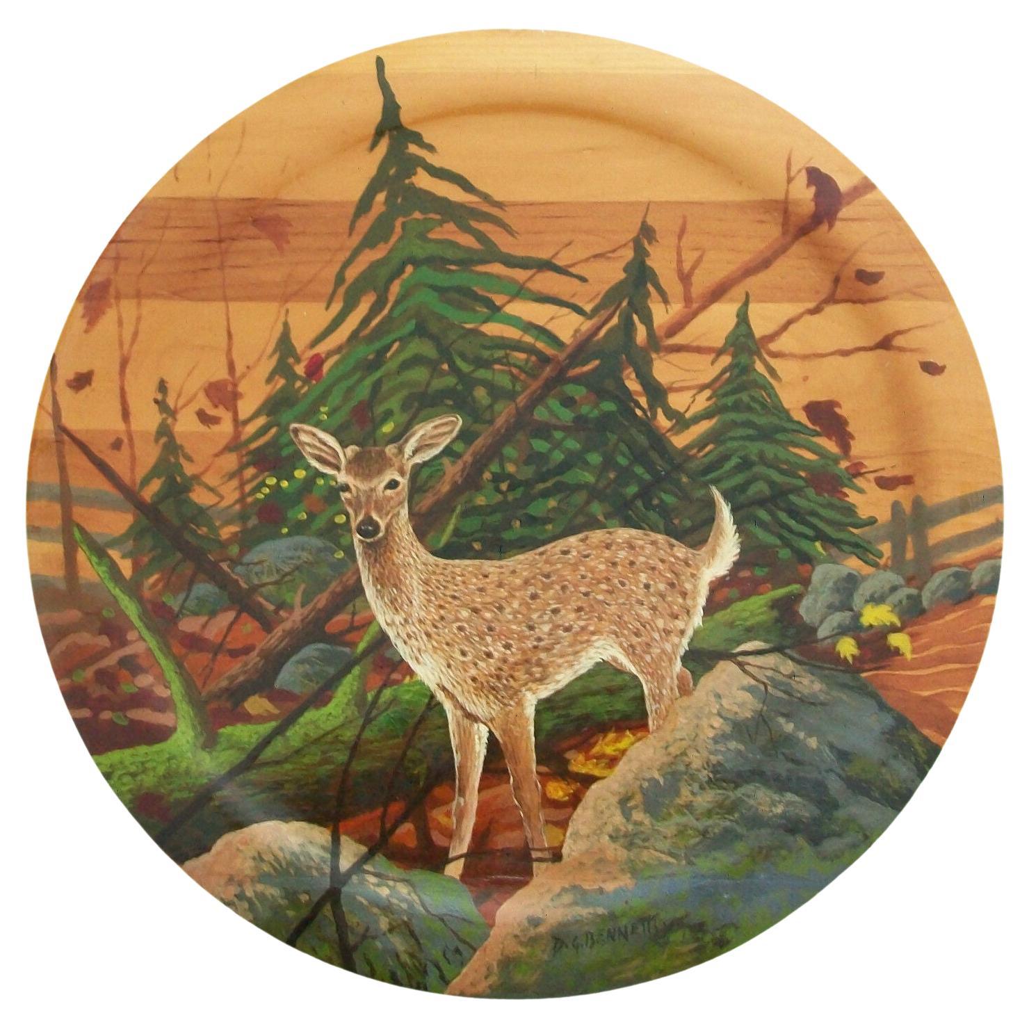 D.G. BENNETT - 'U.S. White Tailed Deer' - Painted Wood Plate - Late 20th Century For Sale