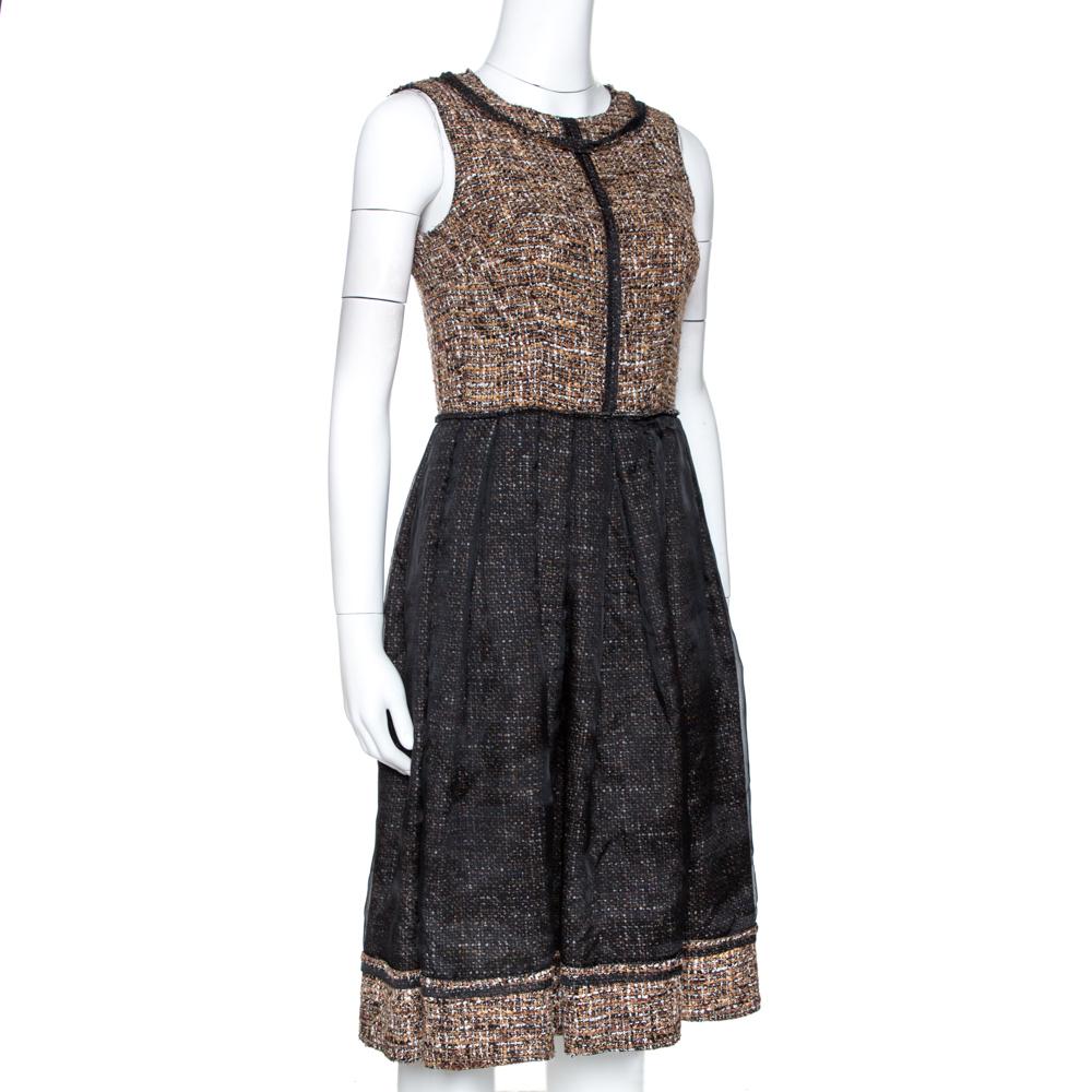 D&G Black and Brown Tweed Silk Overlay Flared Dress XS In Good Condition For Sale In Dubai, Al Qouz 2